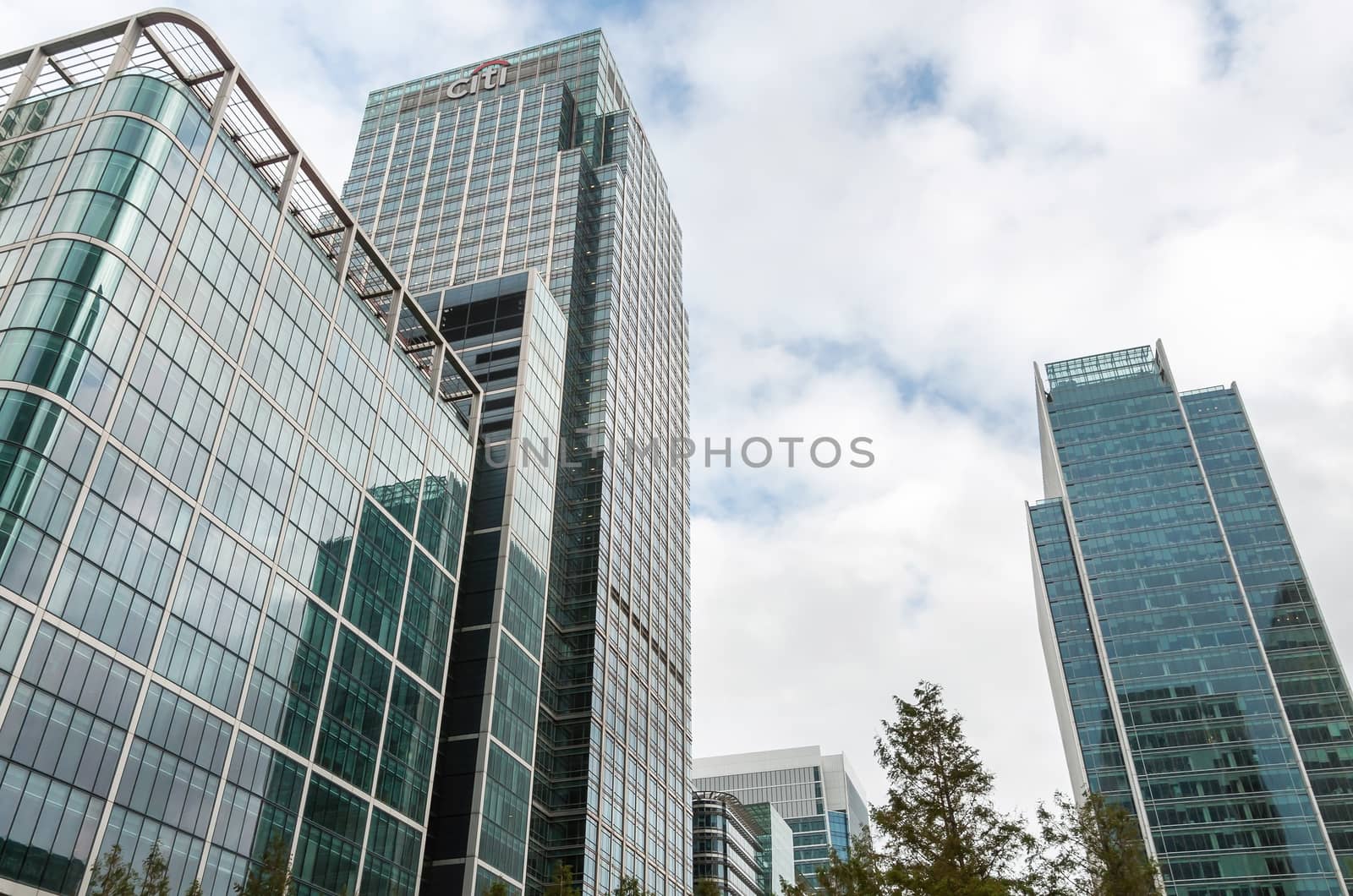 LONDON, UNITED KINGDOM - NOVEMBER 8, 2014: Modern buildings at Canary Wharf with Citi Bank skyscraper. Canary Wharf is one of London's two main financial centres.