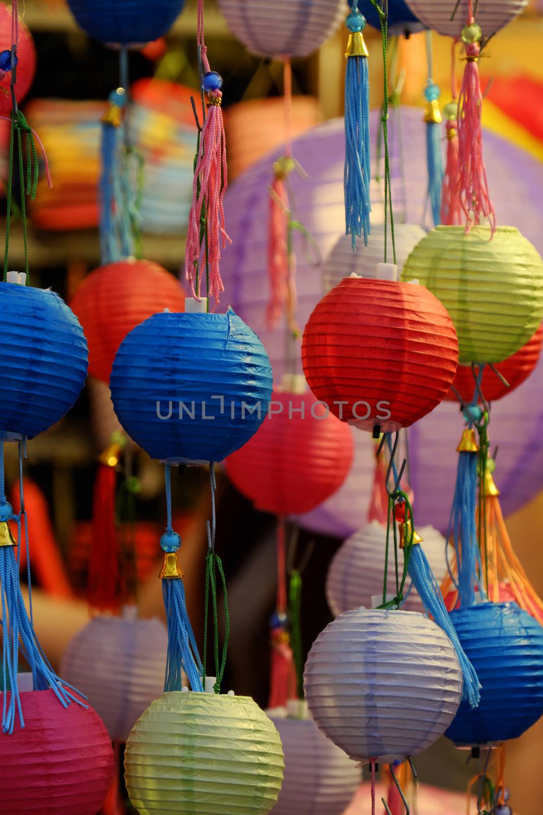 Group of colorful lantern at lanterns street on mid autumn festival, Ho Chi Minh city, Vietnam. A traditional culture for children when full moon