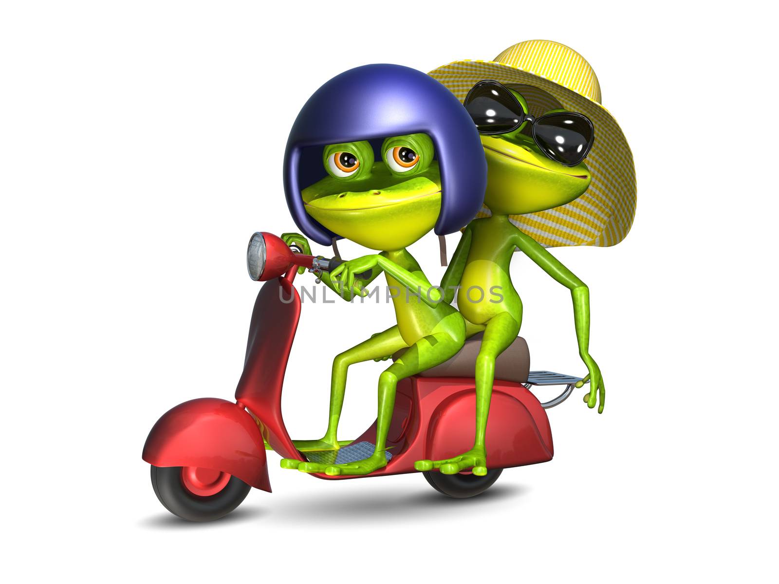 3D Illustration of a Green Frogs on a Red Motor Scooter