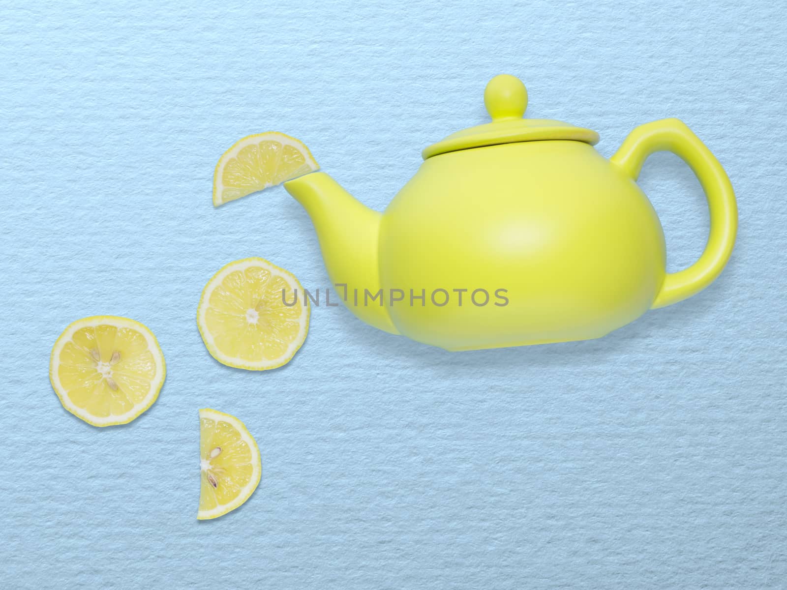 Creative concept photo of a tea pot with lemon slices on blue background.