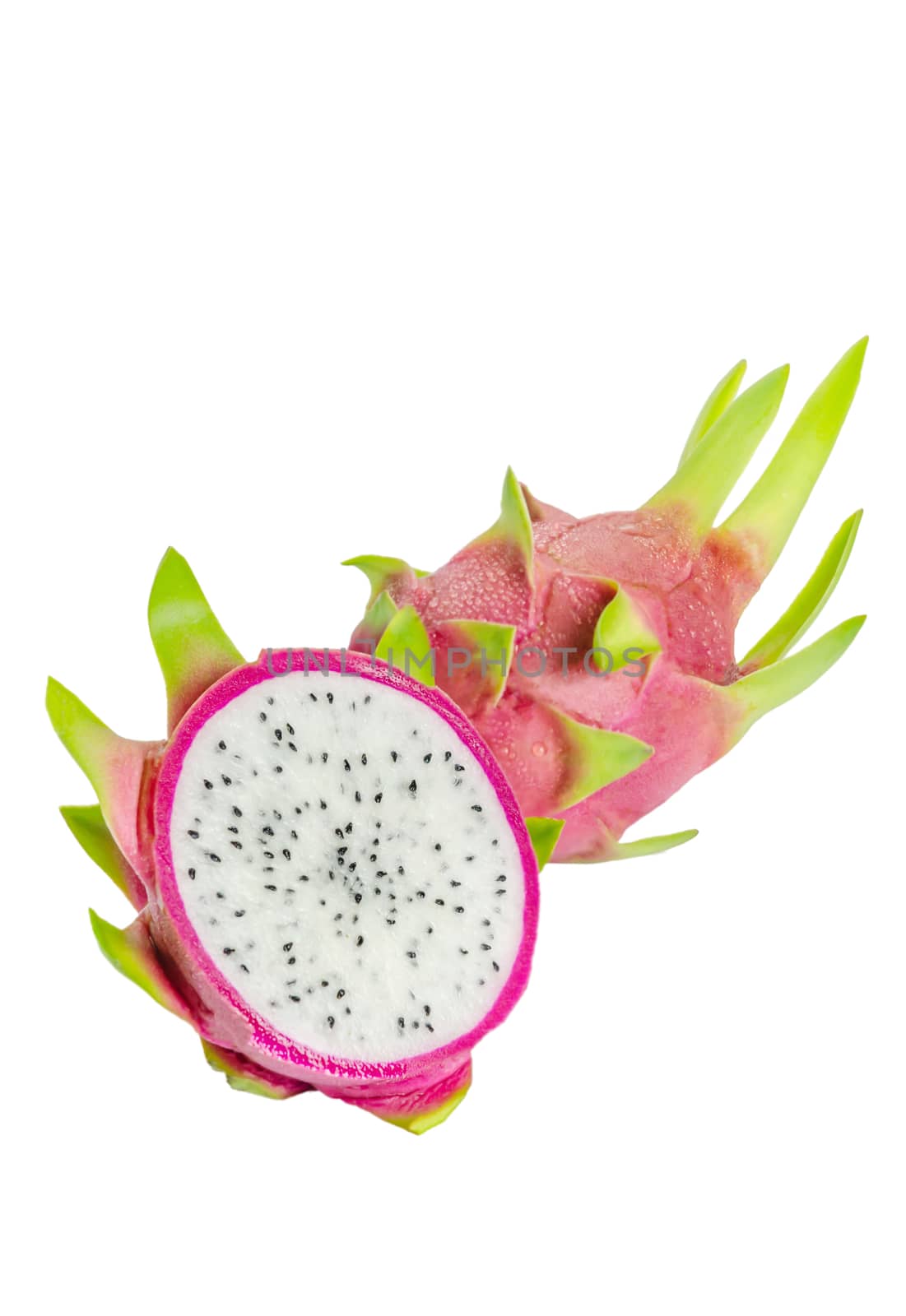 Ripe Dragon fruit or Pitaya with slice on white background