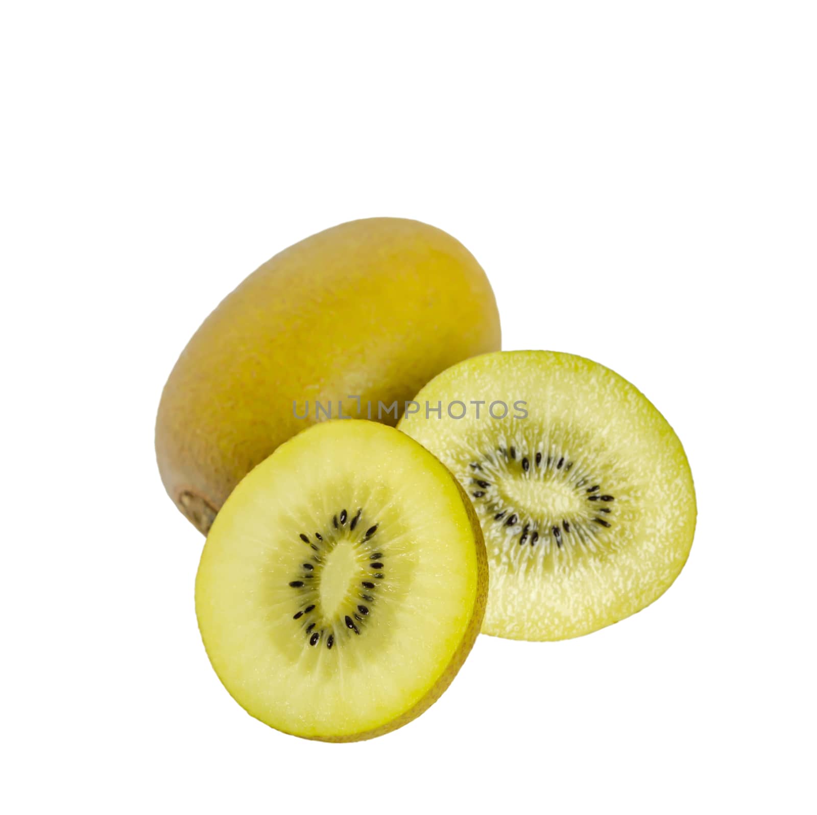delicious whole kiwi fruit and half on white background