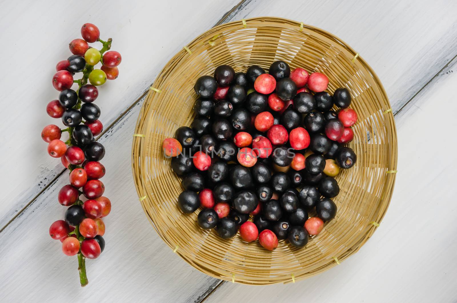 Top view Thai Blueberry in bamboo basket over wooden background
