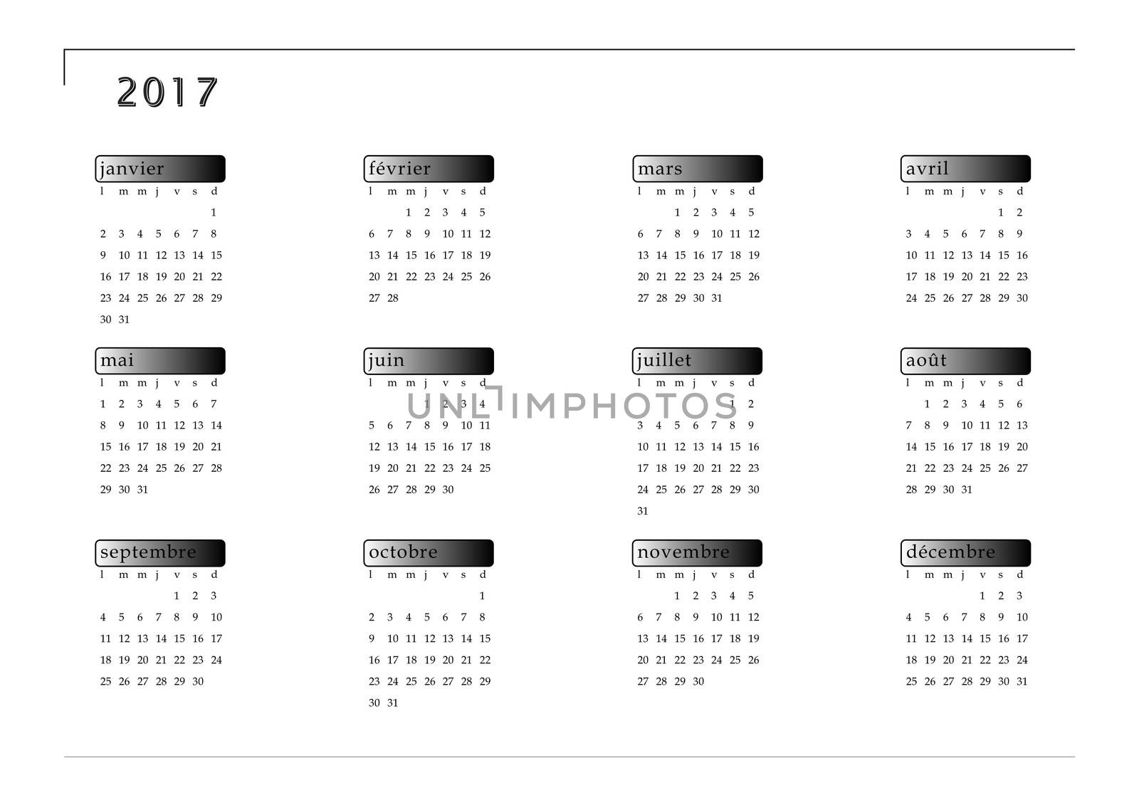 Black and white simple 2017 year calendar in french language, isolated on white background