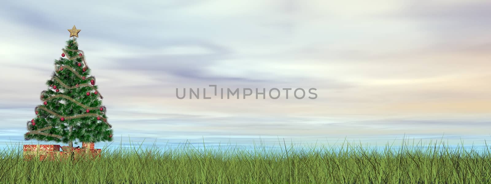 Christmas tree, gifts presents in the grass in beauiful cloudy background - 3D render