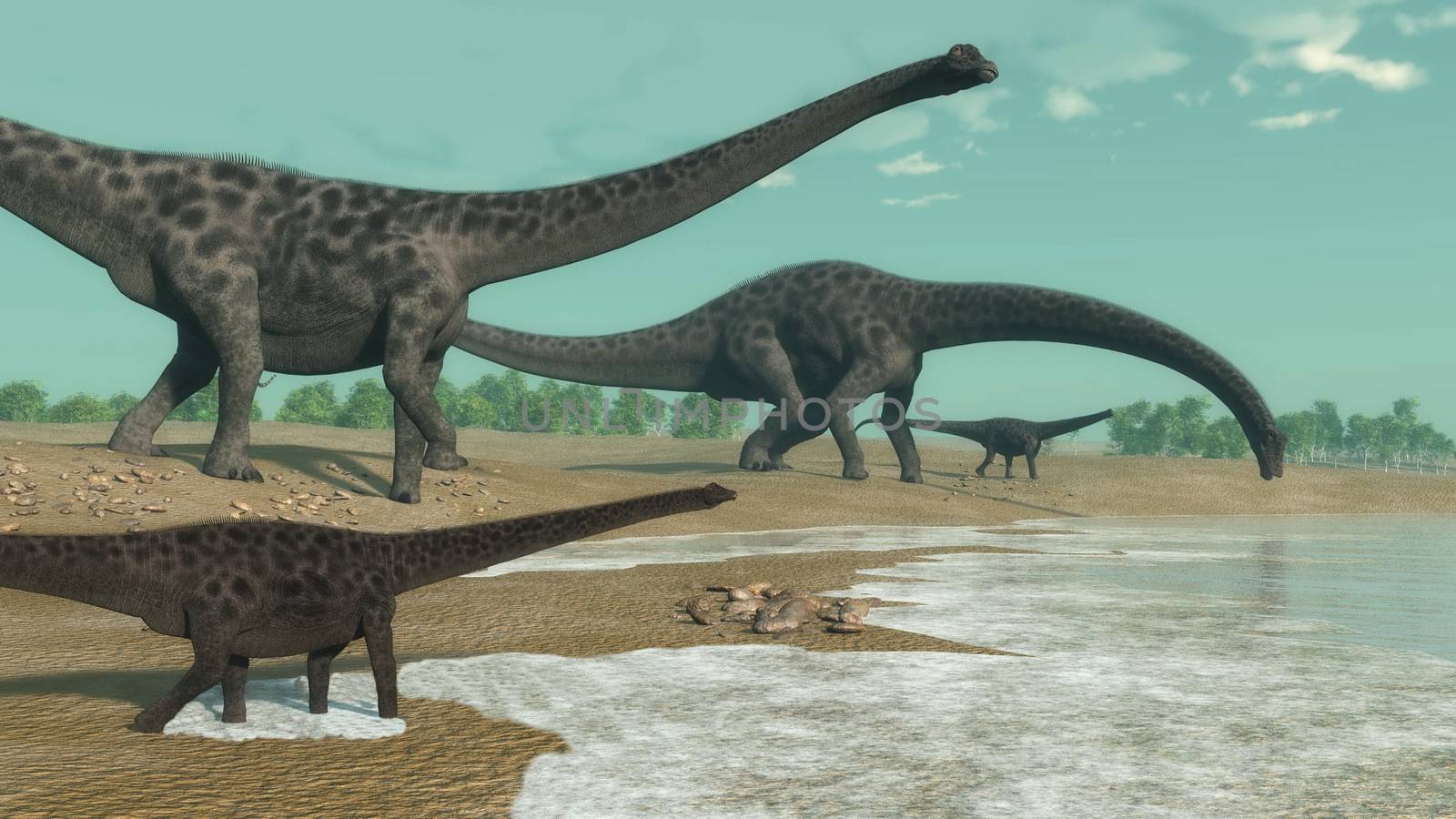 Diplodocus dinosaurs looking for water in the desert by day - 3D render