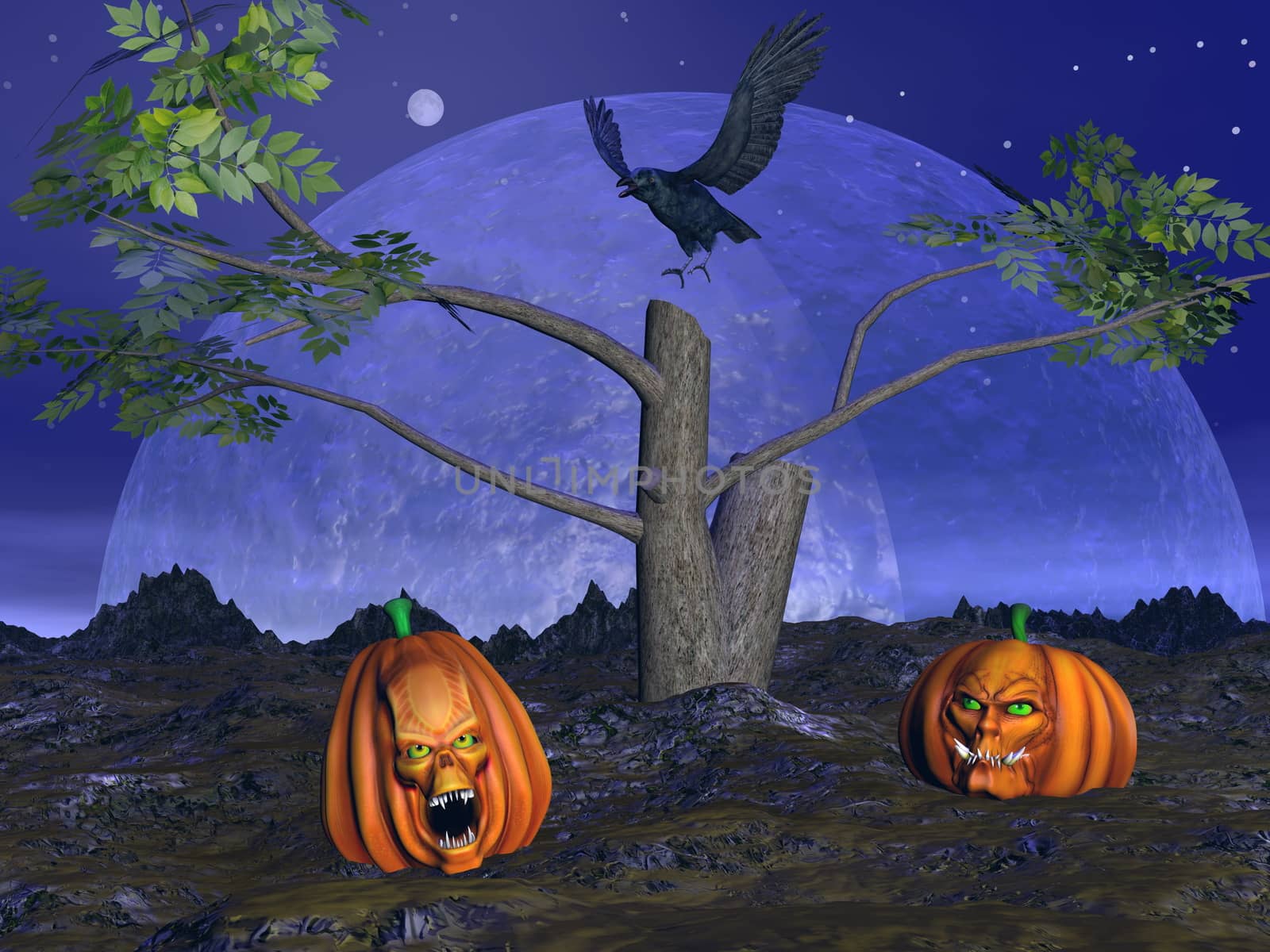 Halloween pumpkins, dead tree and crow raven by night with full moon - 3D render