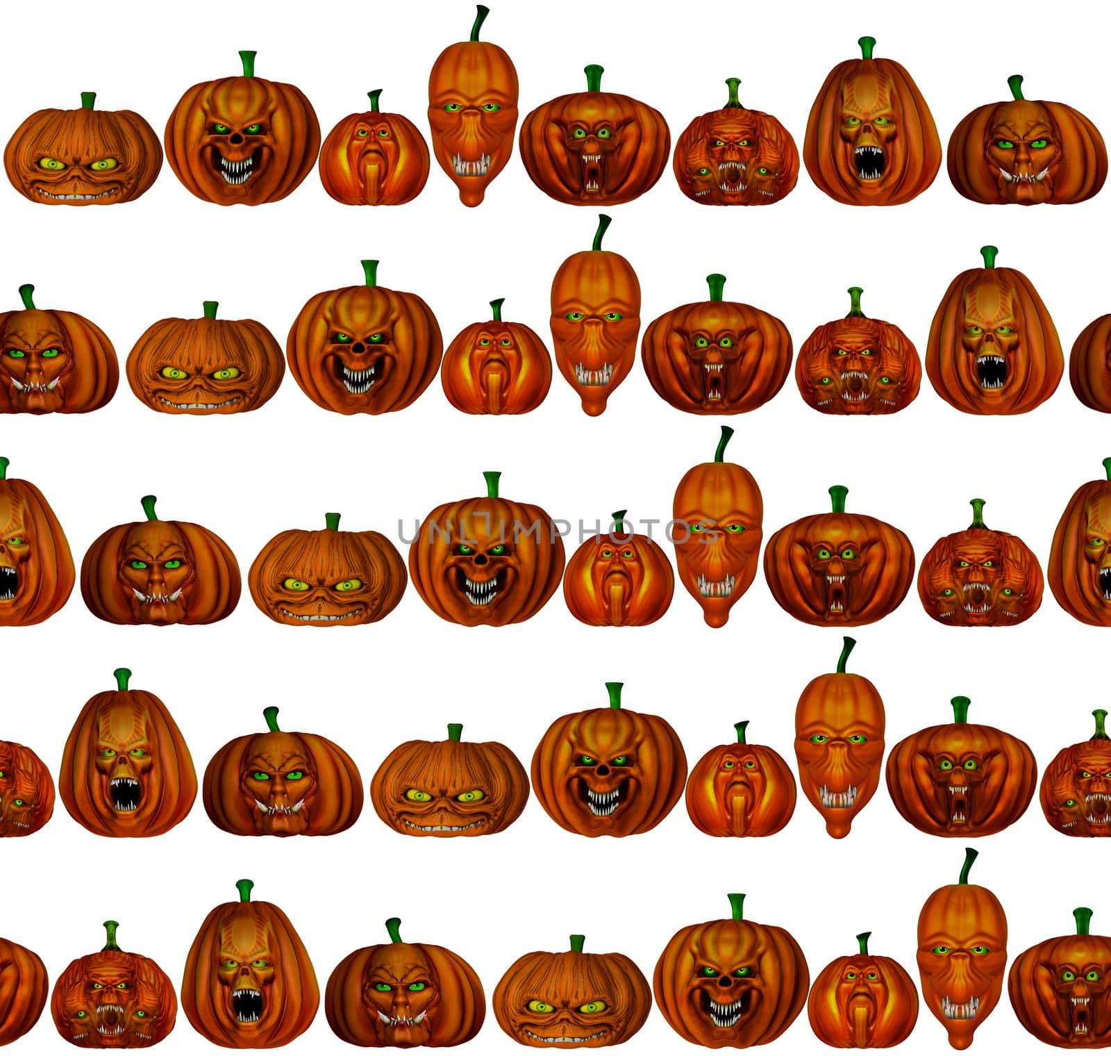 Seamless Halloween pumpkins isolated in white background - 3D render
