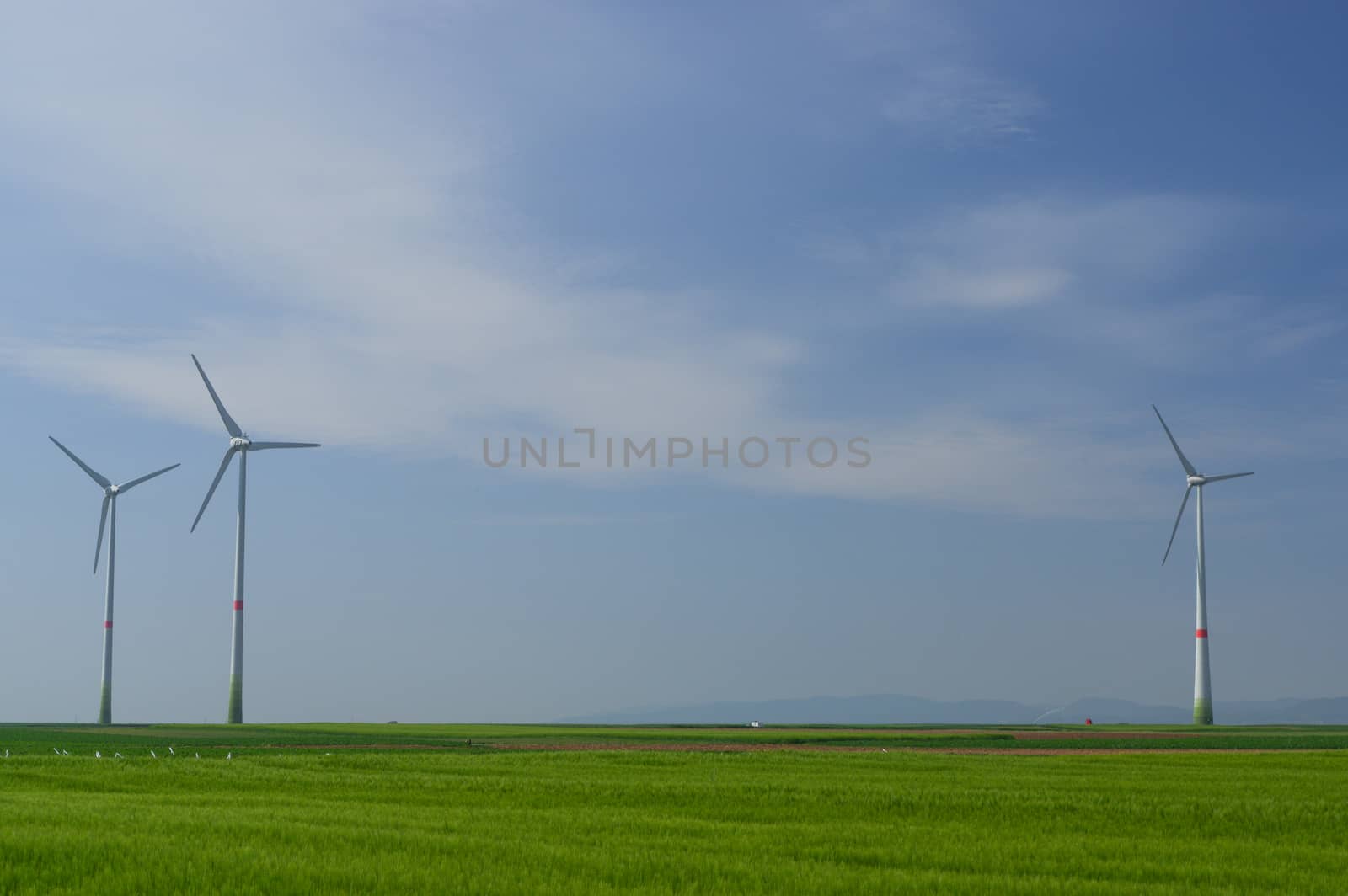 green meadow with Wind turbines generating electricity by evolutionnow
