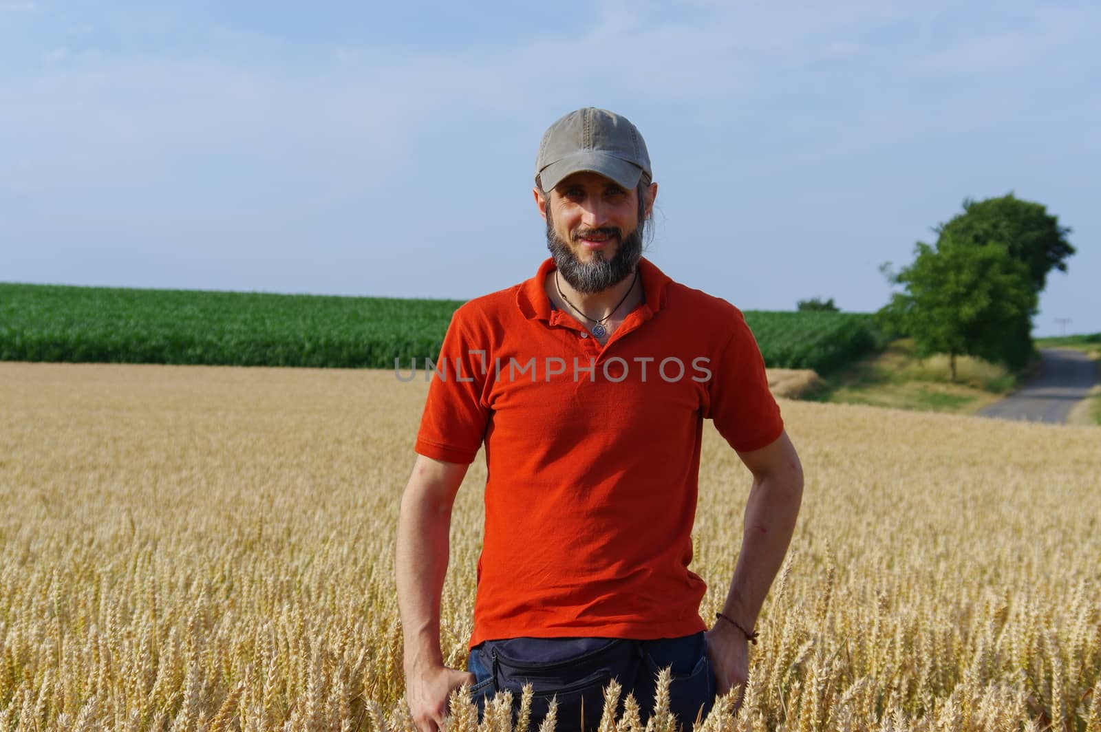 bearded man standing in a wheat field on  sunny day by evolutionnow