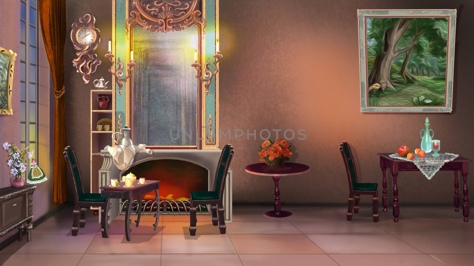 Digital Painting Background, Illustration of Vintage Home Interior in 19ht century style