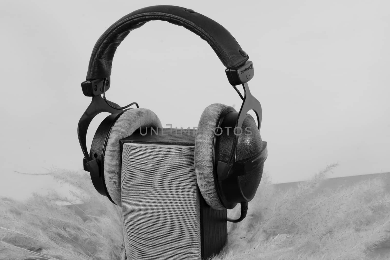 headphones  loudspeaker on white background
