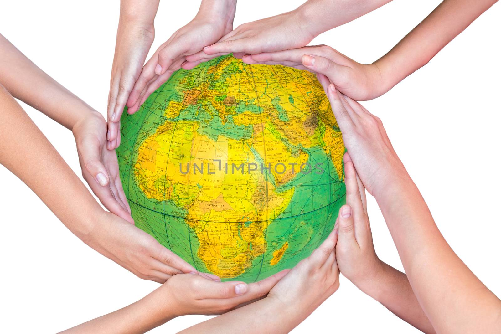 Many arms of children with hands holding globe with planet earth