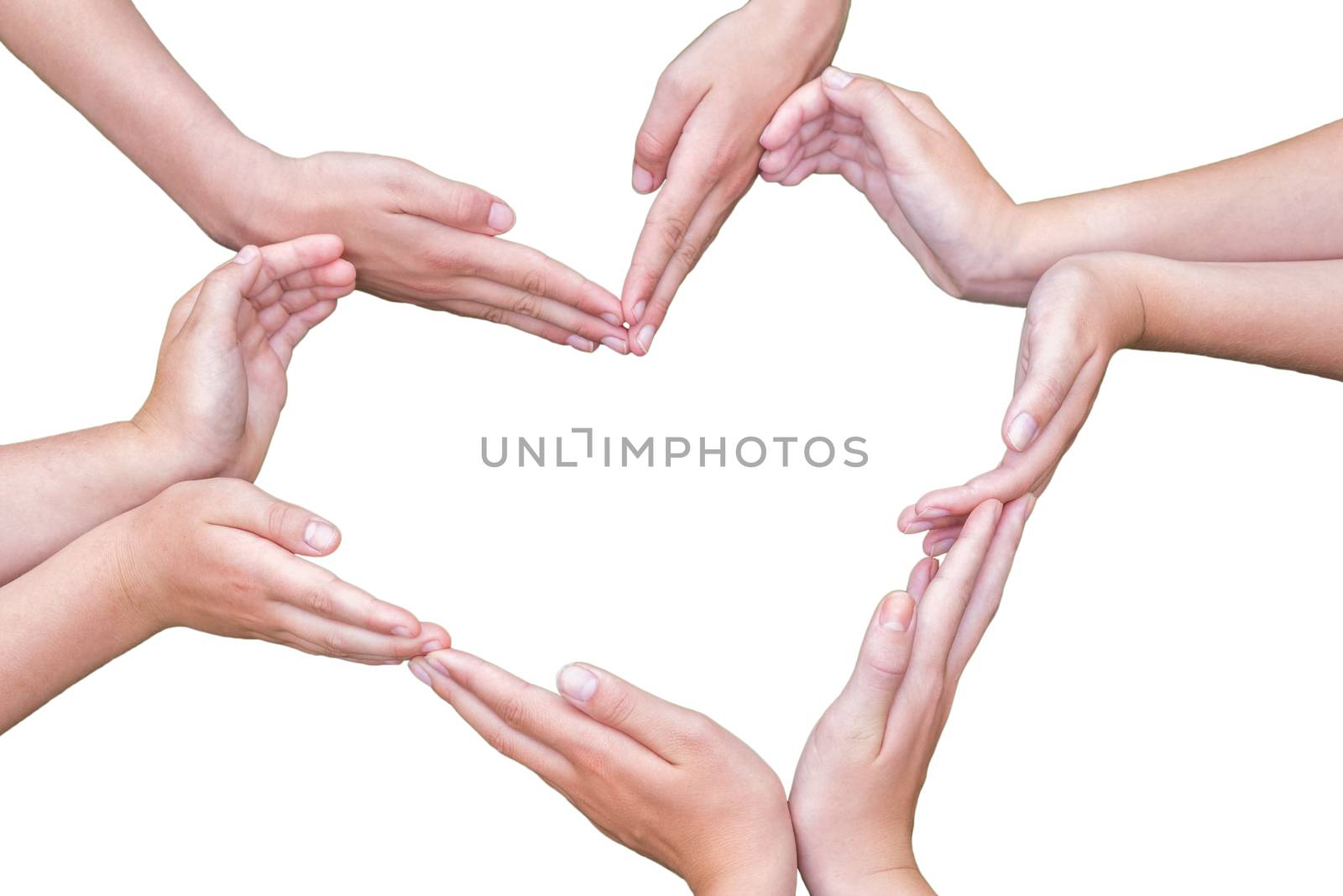 Many arms of girls construct heart isolated on white by BenSchonewille