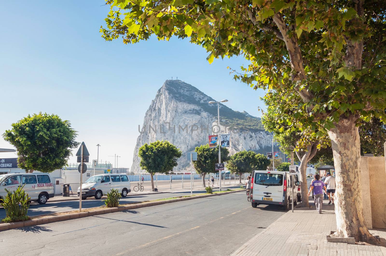 GIBRALTAR - AUGUST 27, 2014: View of the Gibraltar Rock from the street. Gibraltar is a British Overseas Territory located on the southern end of the Iberian Peninsula.