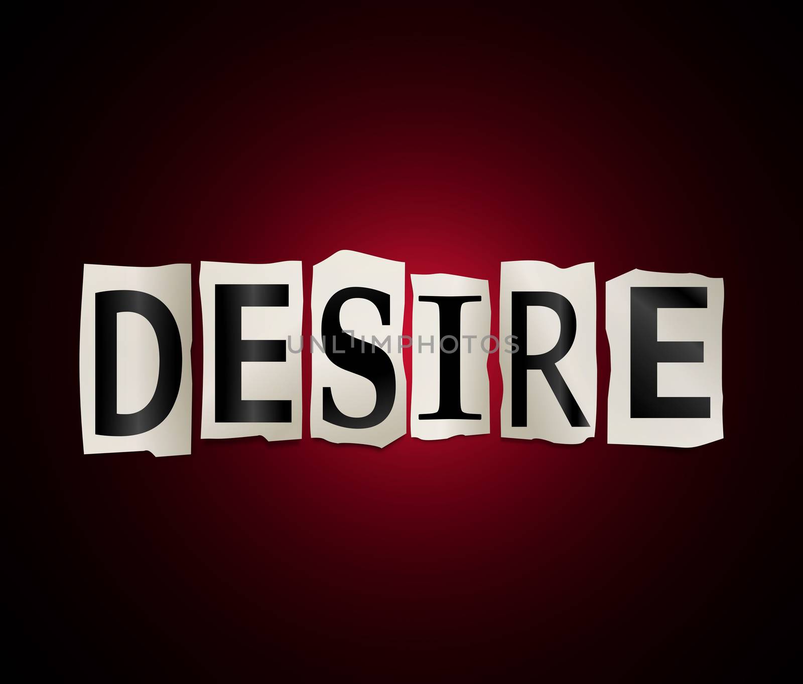 Illustration depicting a set of cut out printed letters arranged to form the word desire.