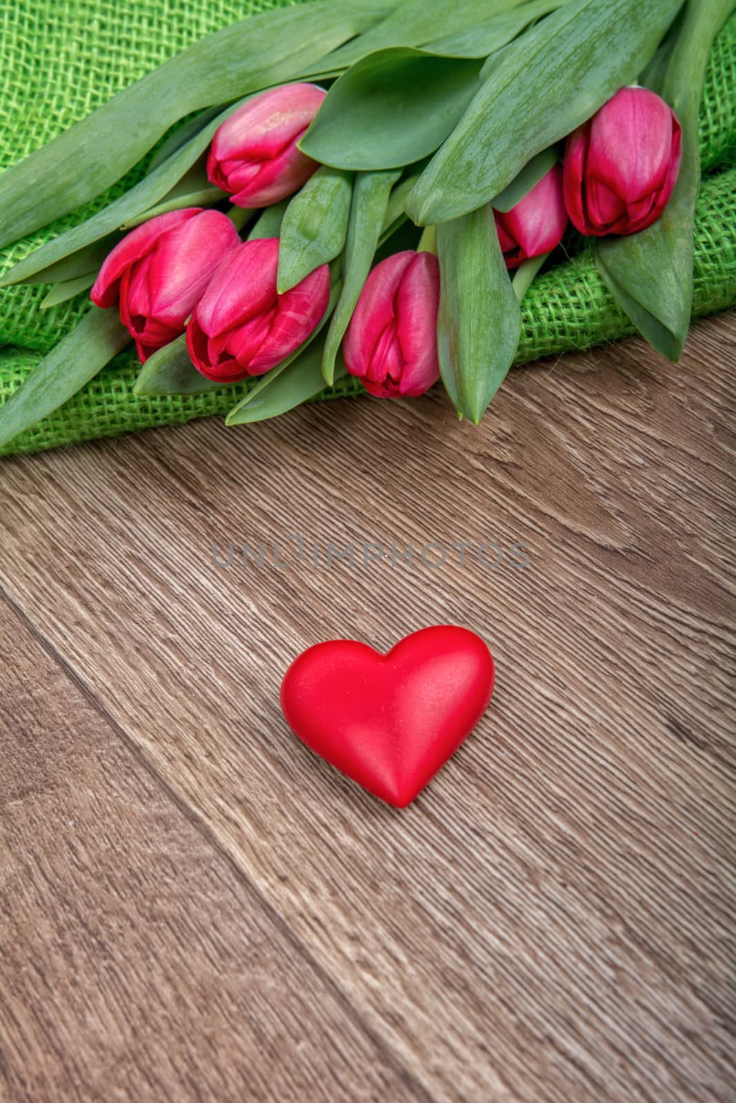 Violet tulip and red heart on a wooden background