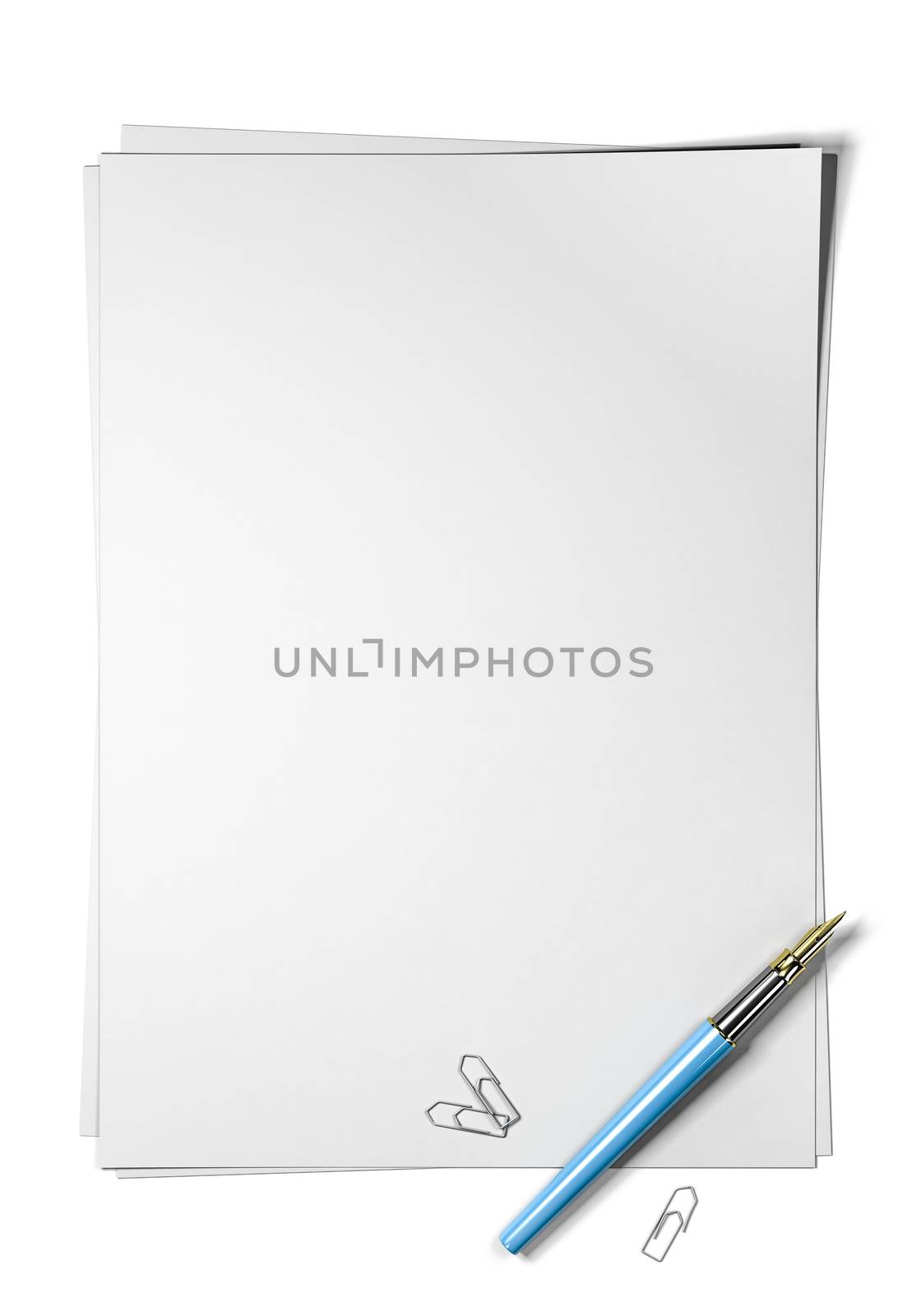 Blank page with blue fountain pen and paperclips at the bottom right angle of the sheet, top view and portrait orientation. 3D illustration over white background