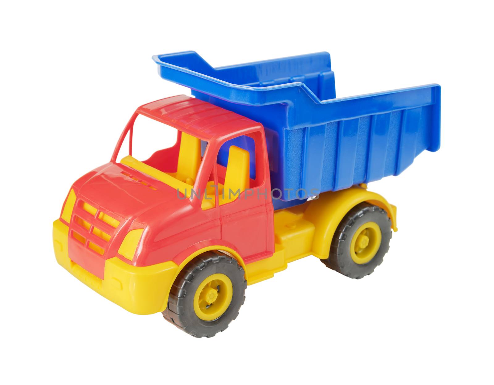 Multicolored plastic toy truck isolated on white background