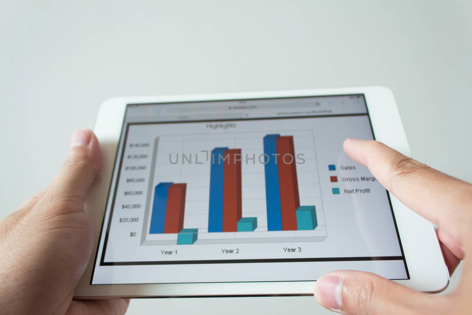 Businessman hand touching screen of tablet computer with market graph