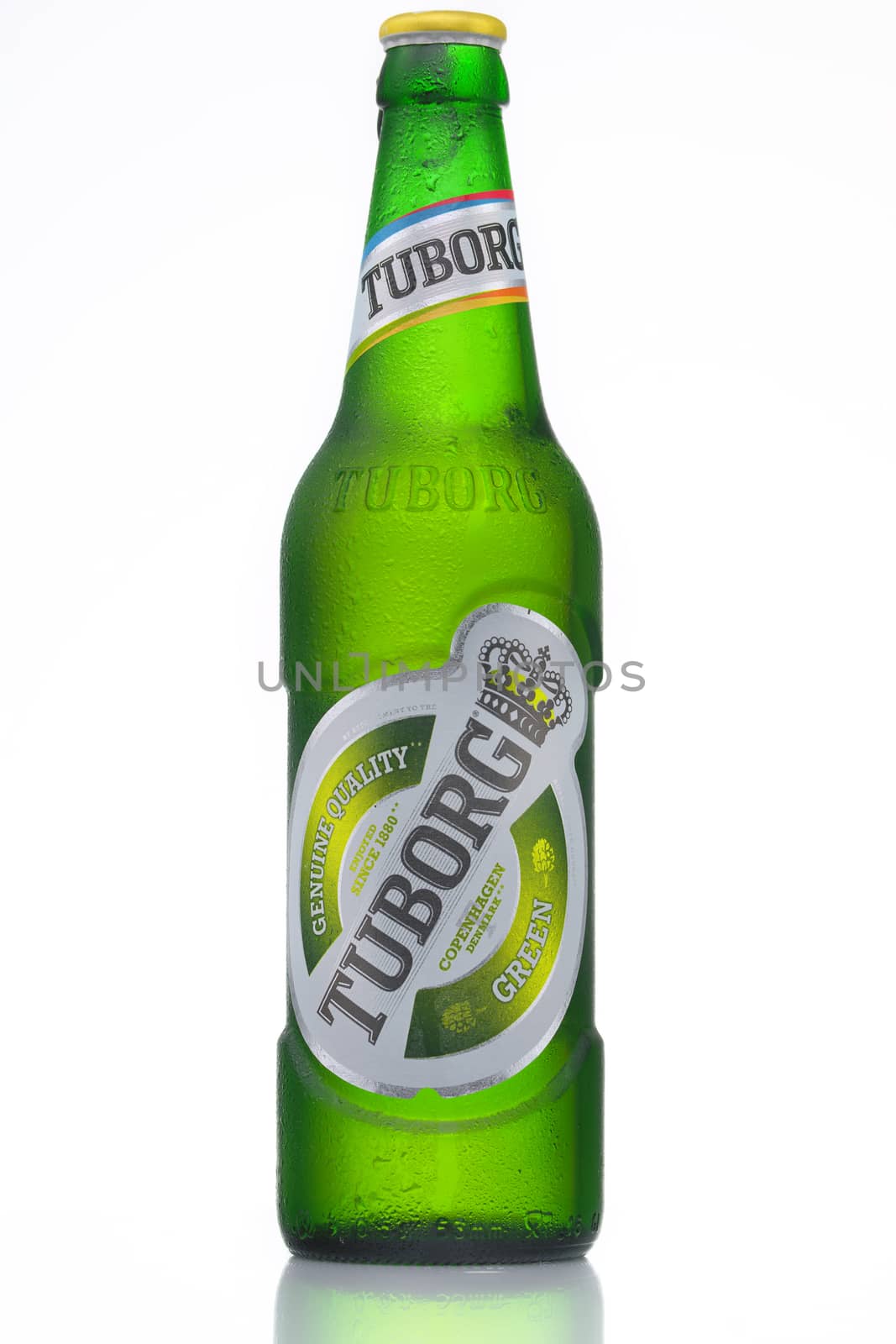 MINSK, BELARUS-AUGUST 23, 2016. Tuborg glass bottle beer ion isolated white background. by vmytra