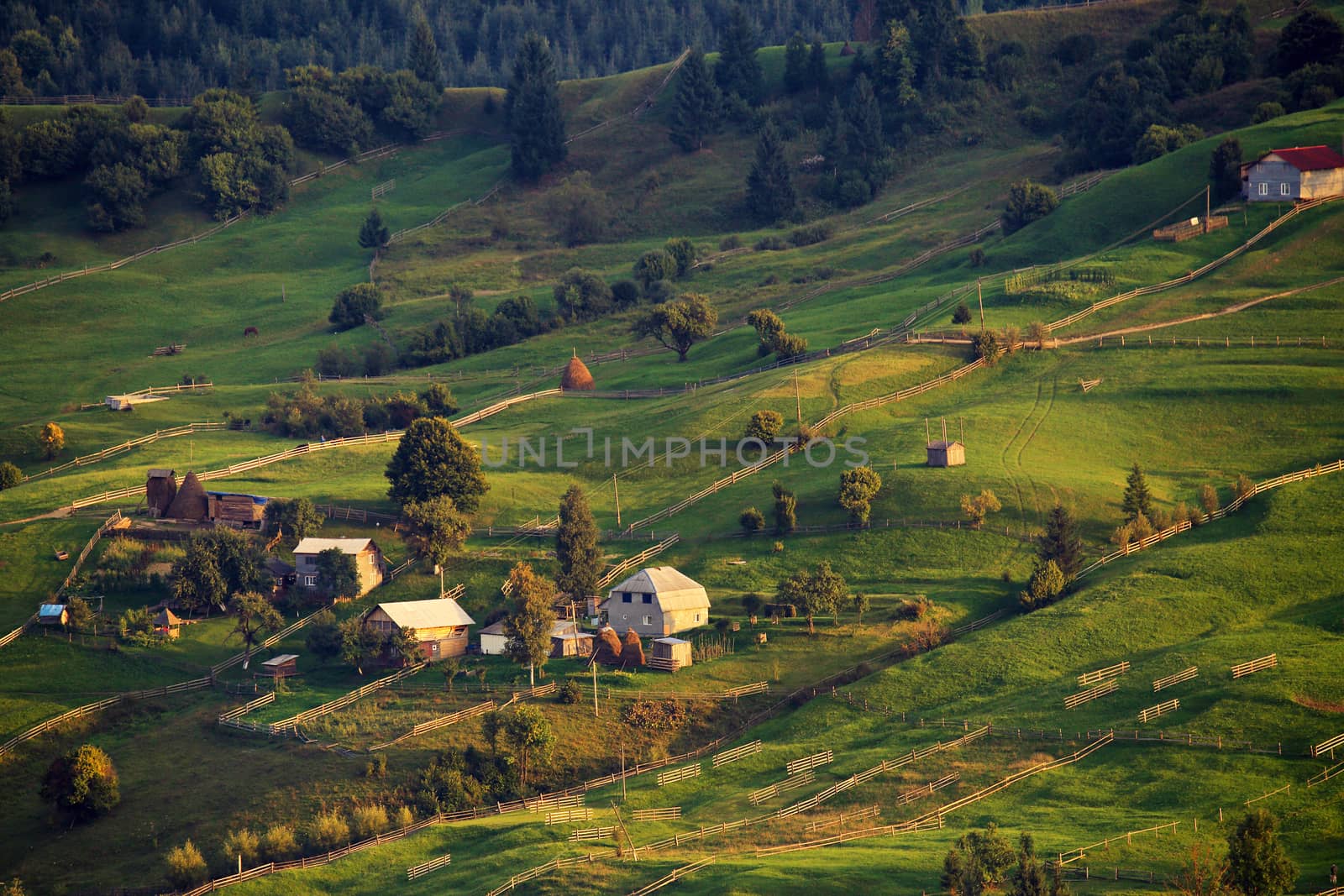 September rural scene in mountains. Authentic village and fence by weise_maxim