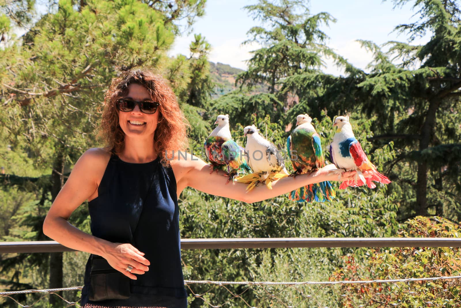 Amazingly beautiful birds in the Park Guell on the beautiful young girl.