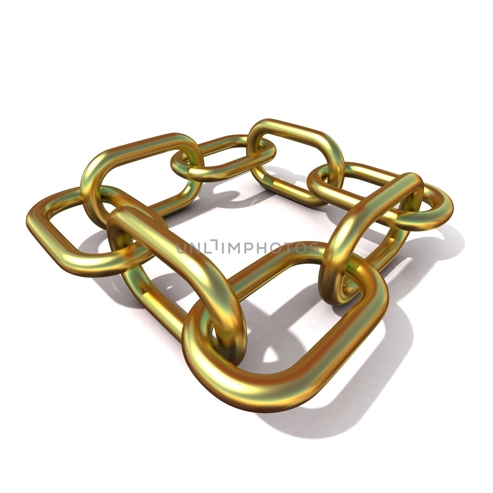 Abstract 3D illustration of a brass chain link isolated on white background. Front view