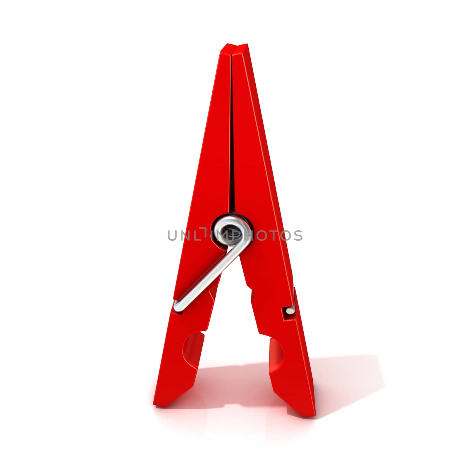 Red clothes pin. Opened standing. Isolated on white background