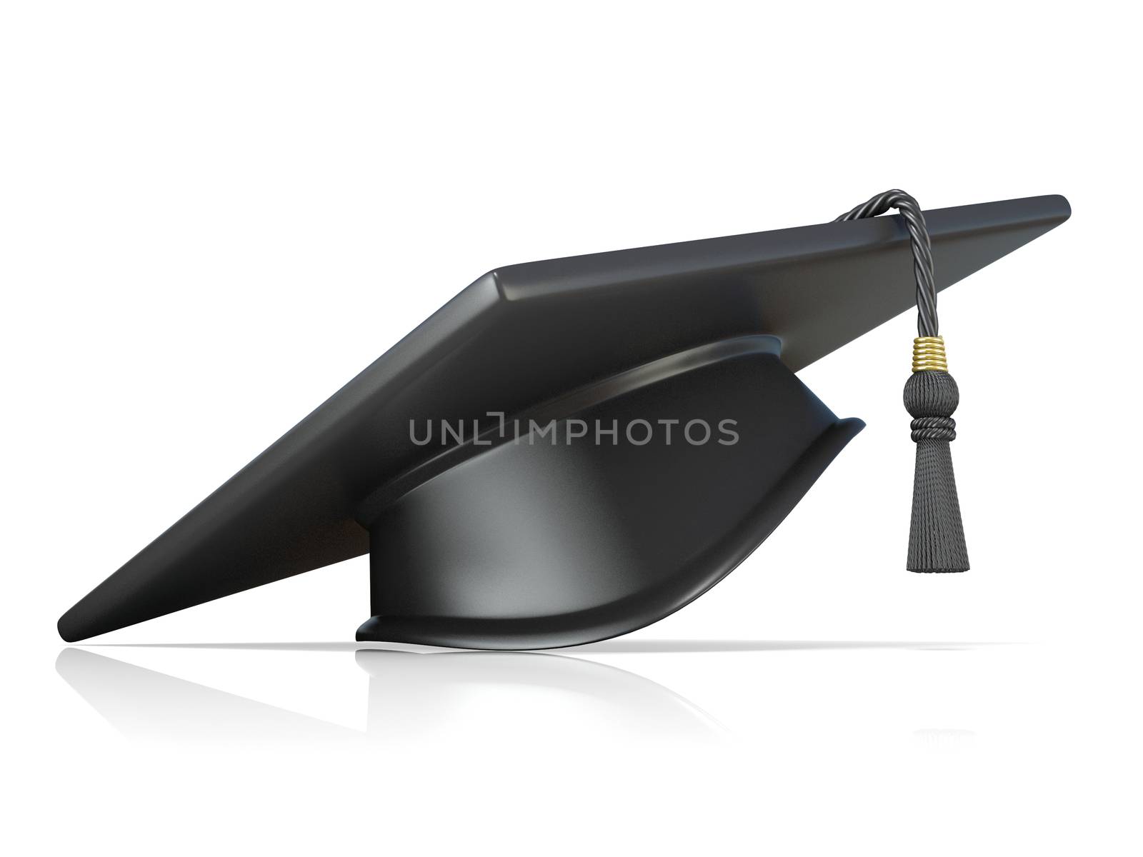 Graduation cap, front view. 3D render illustration isolated on white background