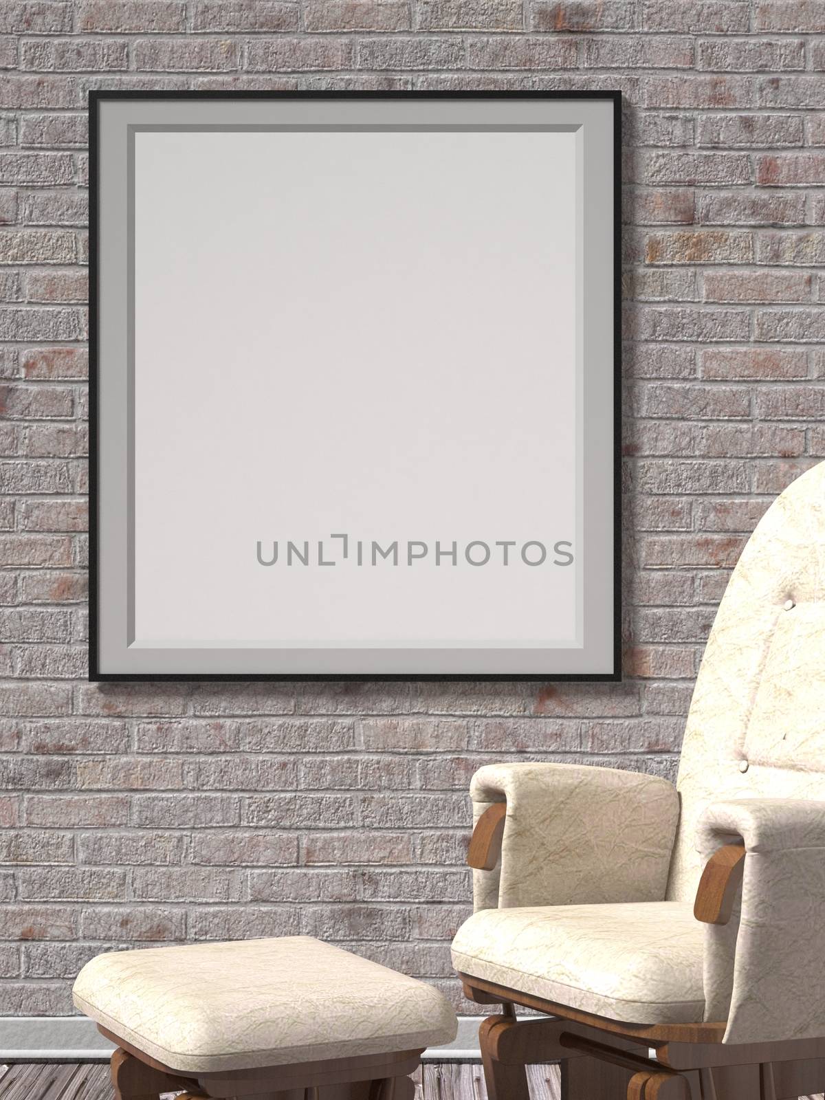 Blank picture frame with leather armchair. Mock up poster. 3D render illustration