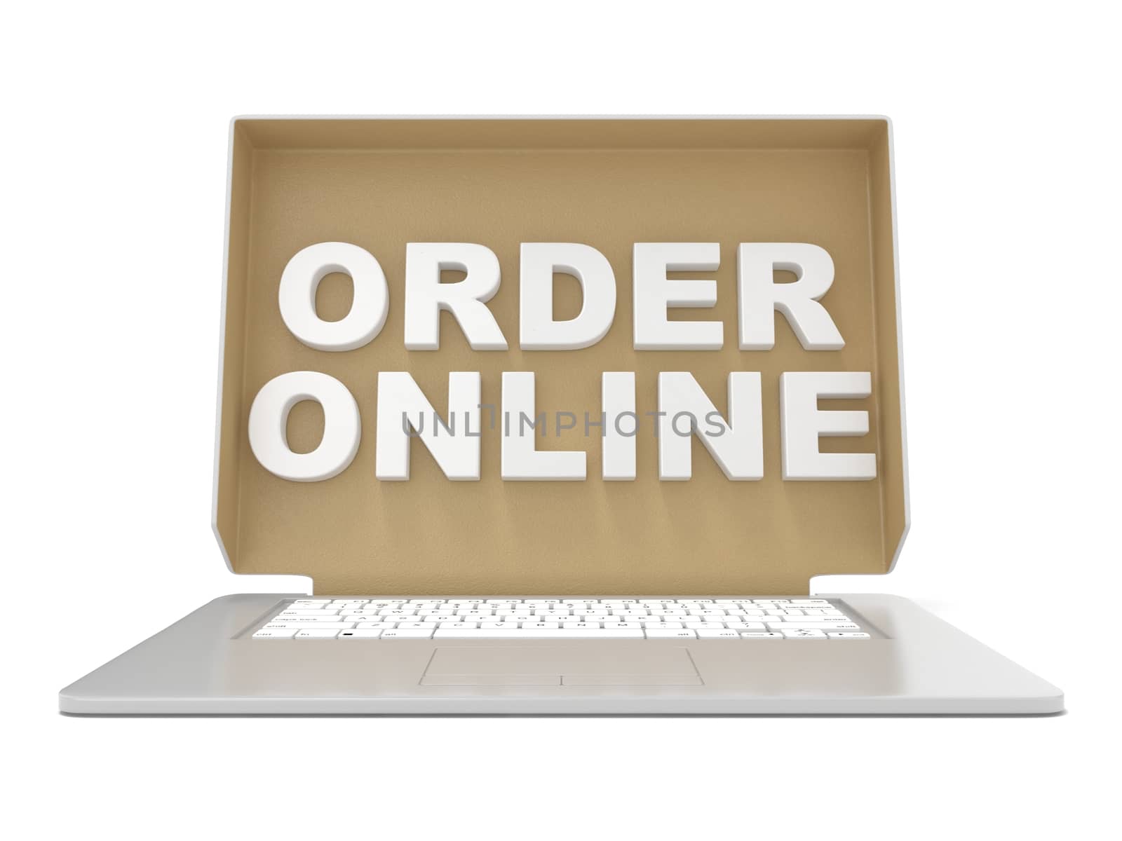 Cardboard box cover with ORDER ONLINE sign on laptop. Front view by djmilic