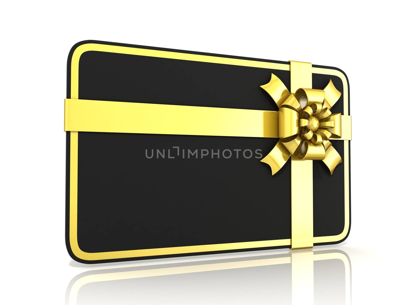 Black blank gift card, with golden ribbon. 3D render illustration isolated on white. Side view