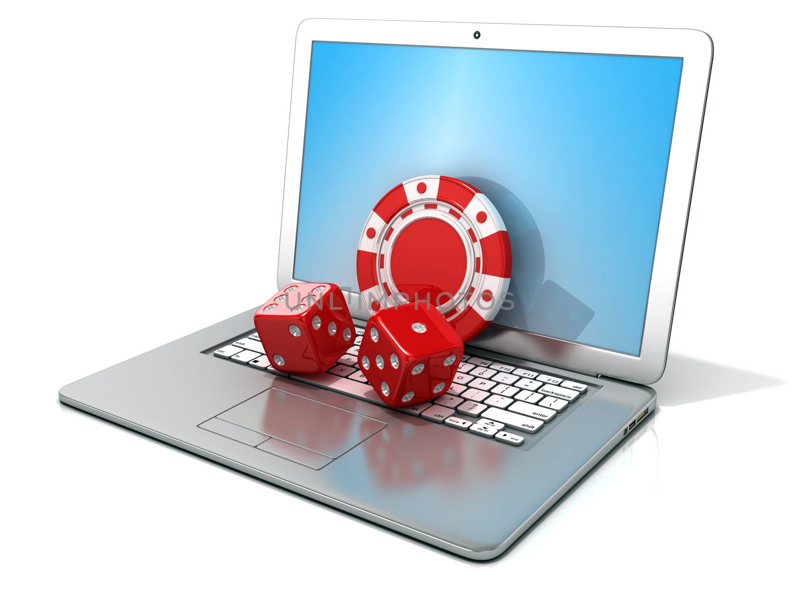 Laptop with red dice and chip. 3D rendering - concept of online gambling. Isolated on white background