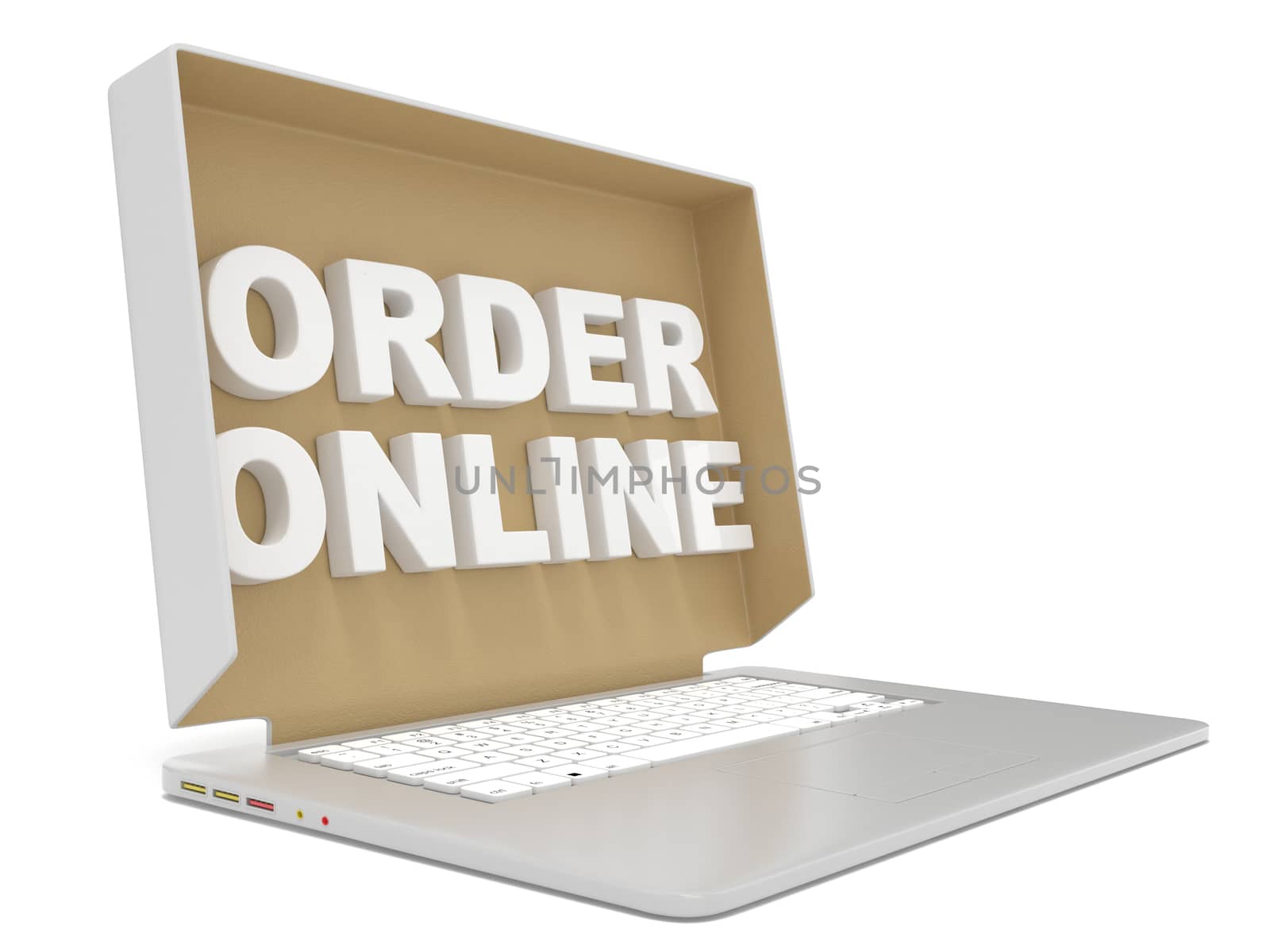 Cardboard box cover with ORDER ONLINE sign on laptop. Side view. by djmilic