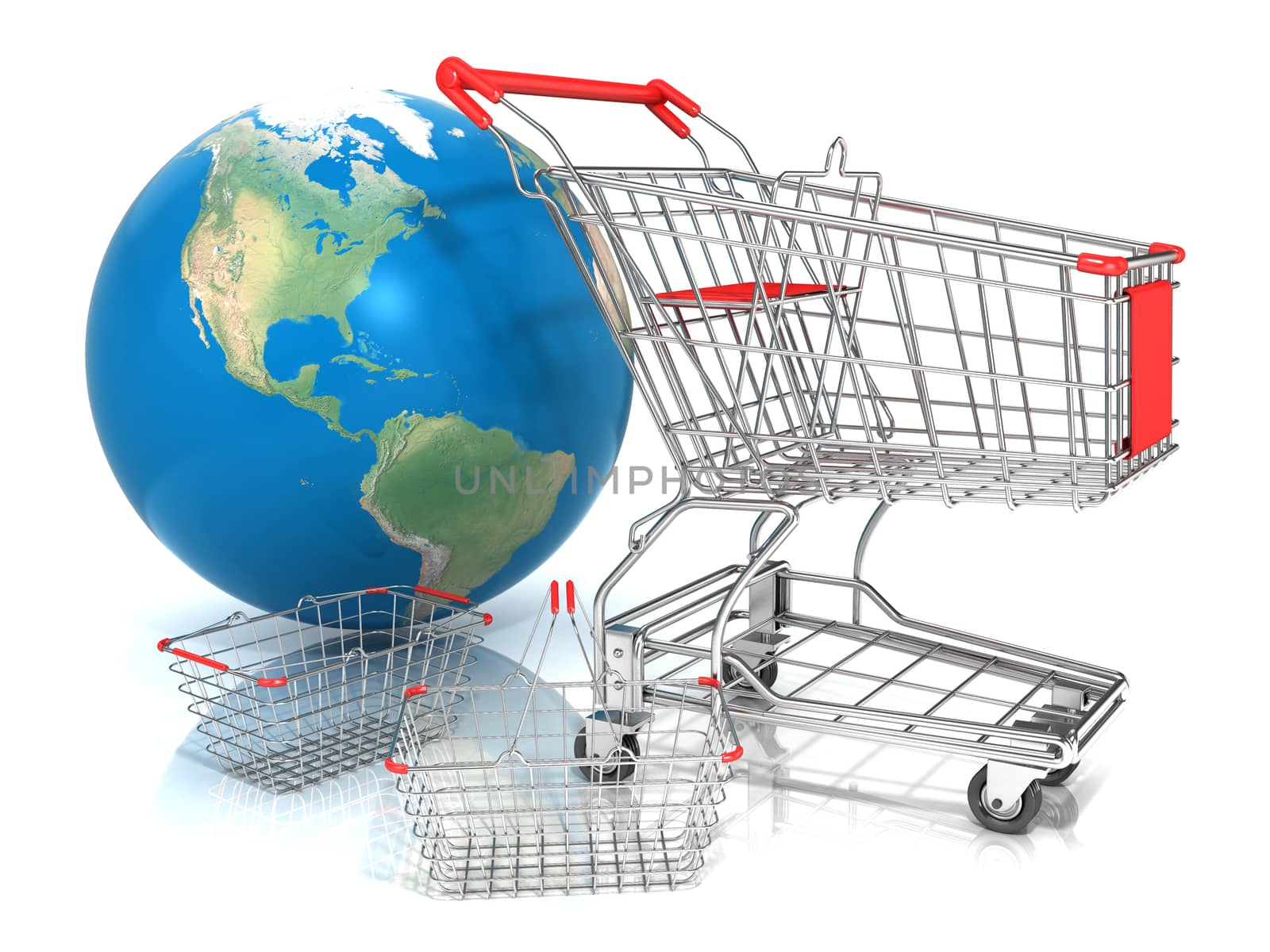 Steel wire shopping baskets and shopping cart in front of globe, isolated on a white background. Elements of this image furnished by NASA