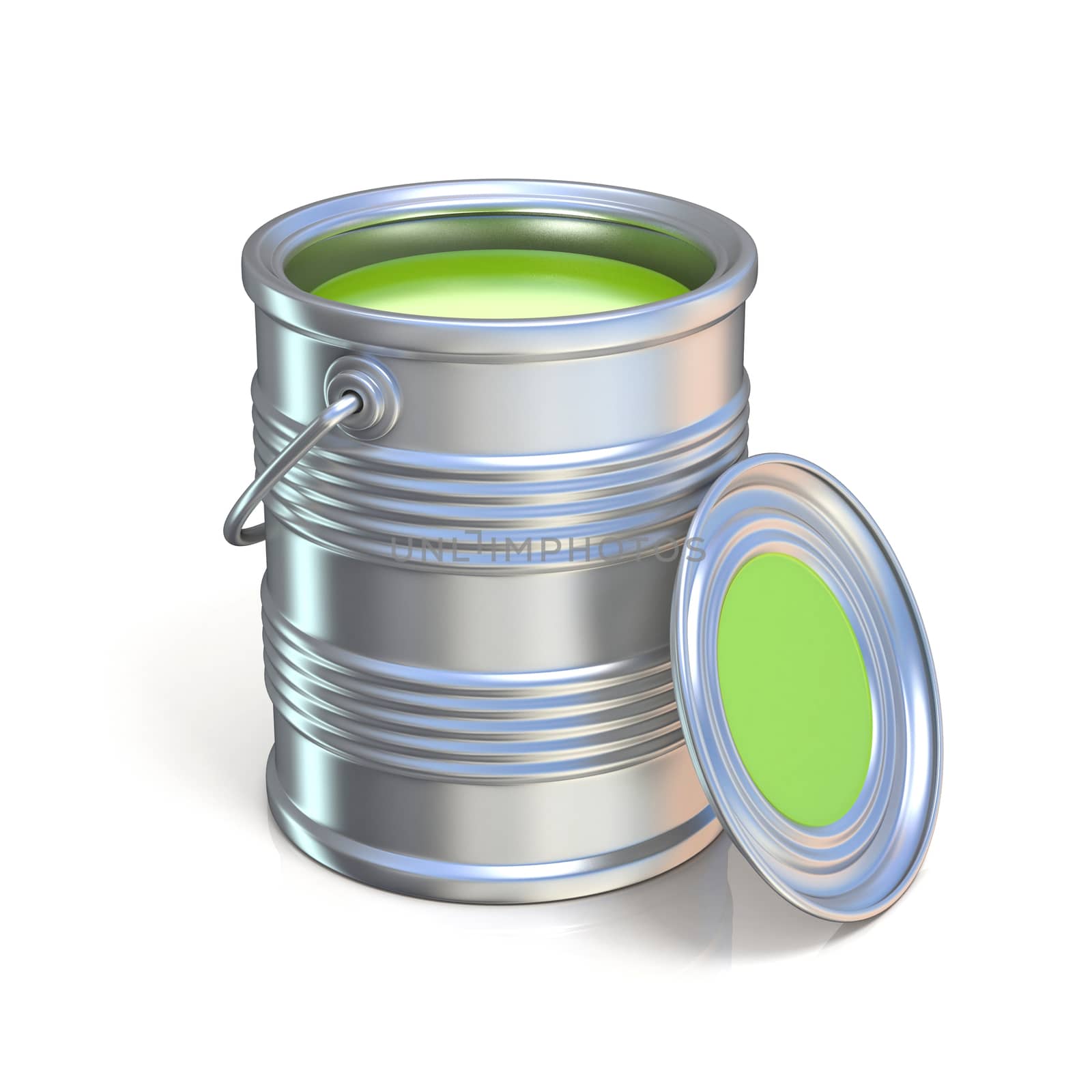 Metal tin can with green paint. Isolated on white background