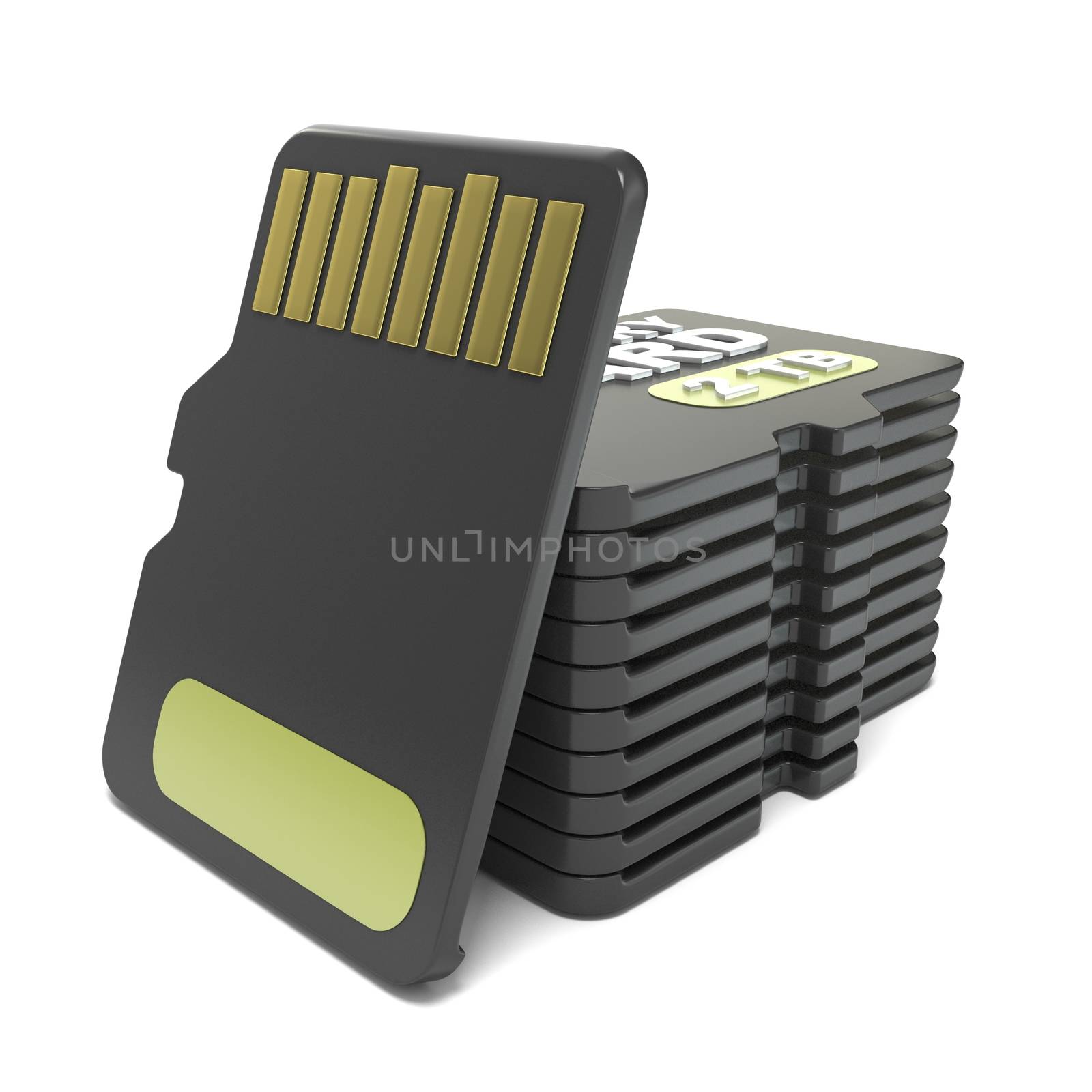 Memory micro sd card stack. 3D render illustration isolated on white background