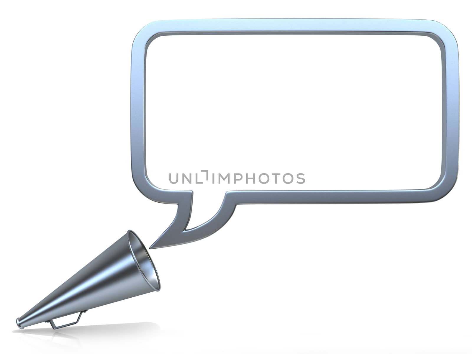Retro - old style, steel megaphone with bubble speech. 3D render illustration, isolated on white background.