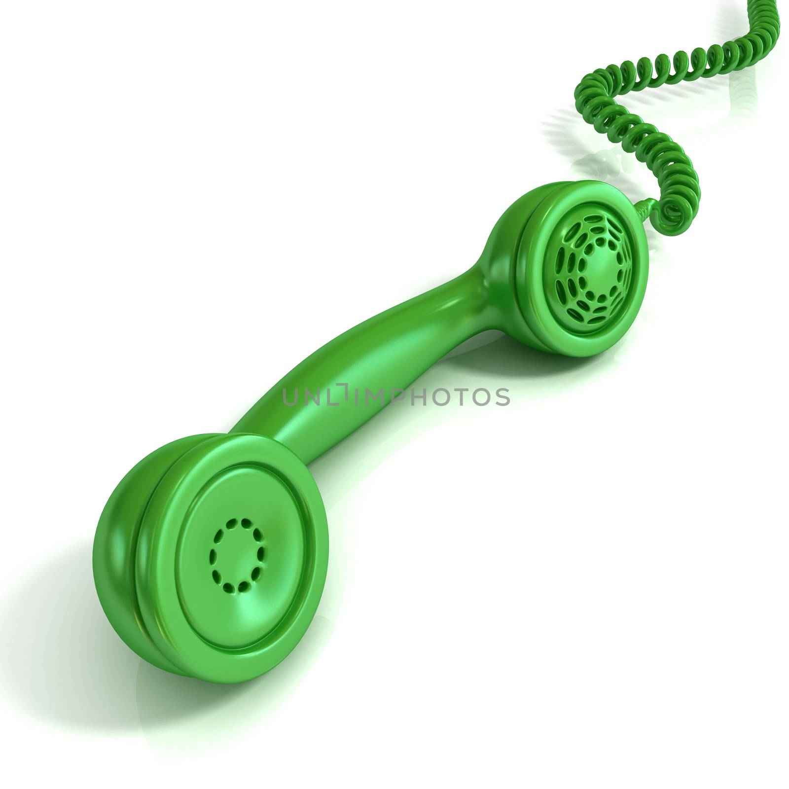 Green telephone handset, retro illustration for design, isolated on white background, incoming call