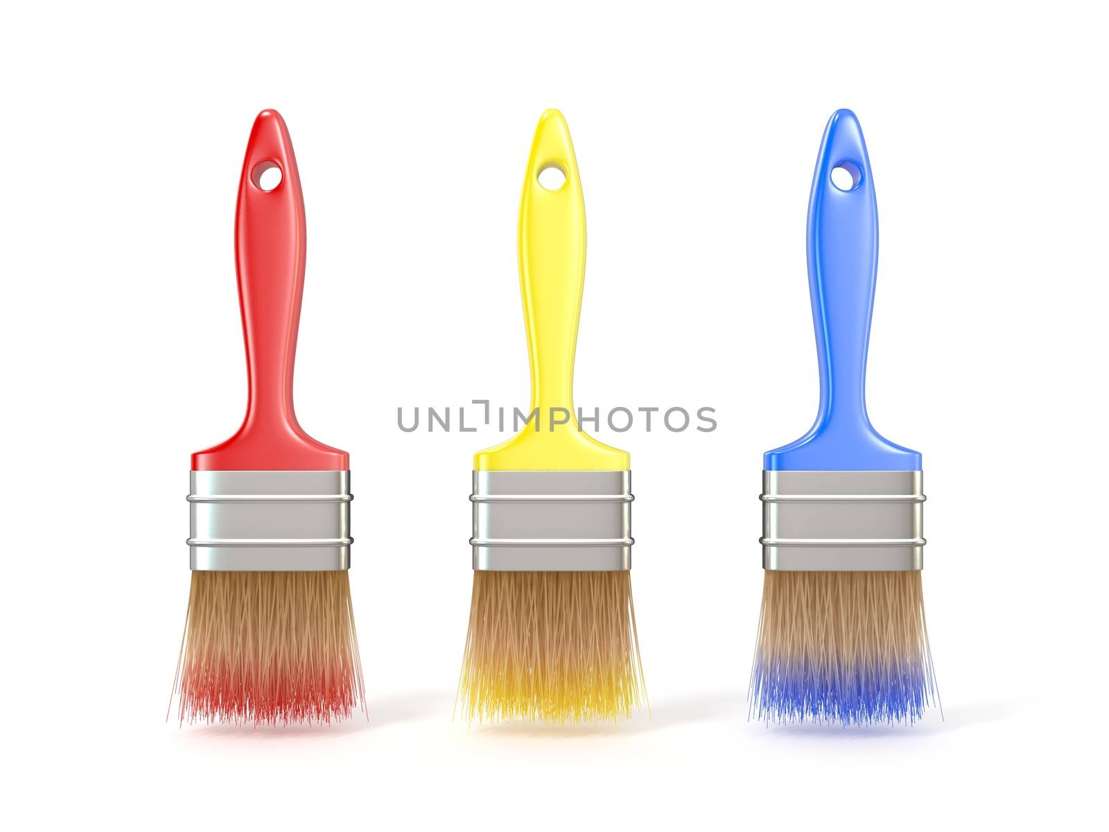 Three colorful paintbrushes. 3D render illustration isolated on white background