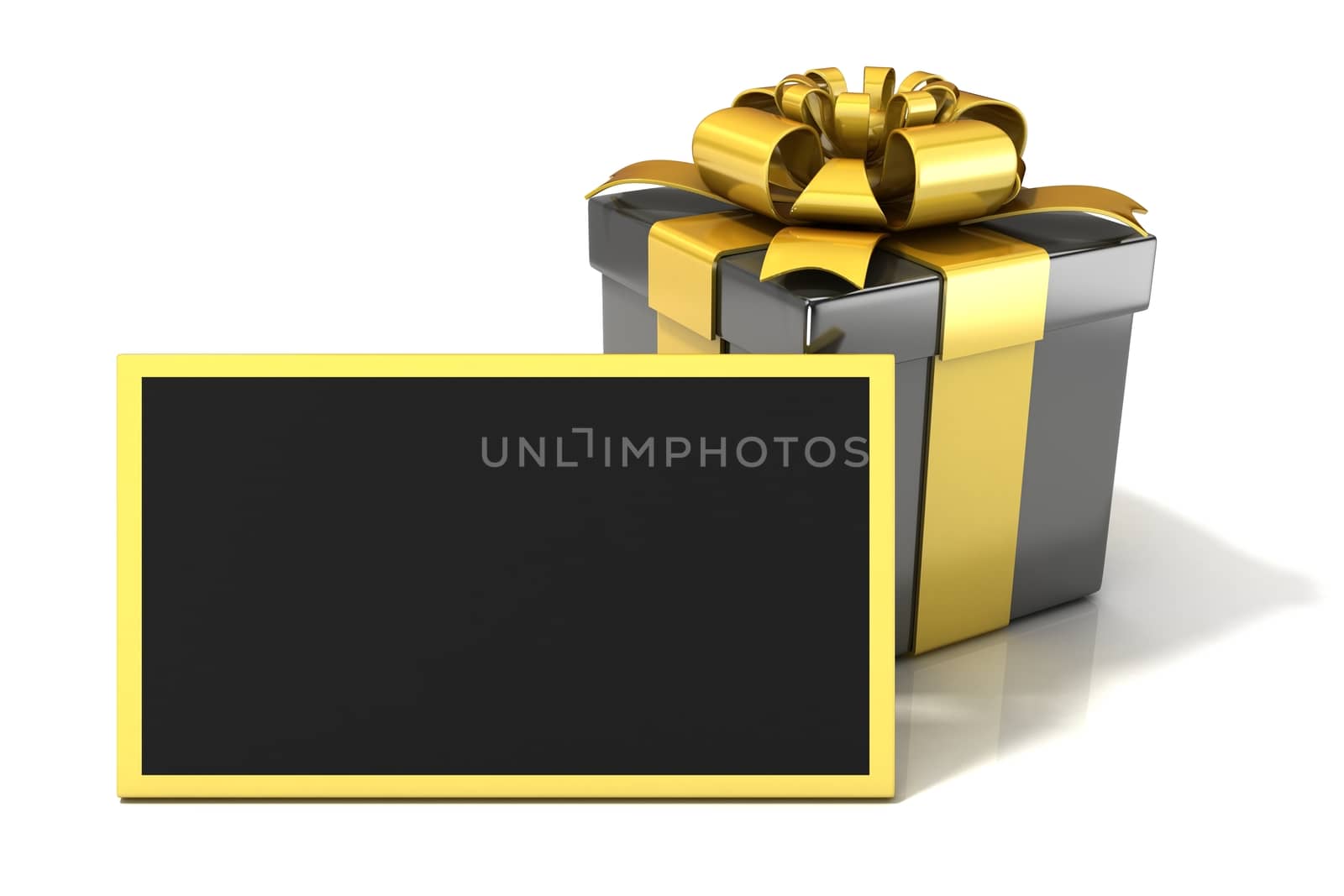 Black elegant Gift box with black blank gift card. 3D render illustration isolated on white.
