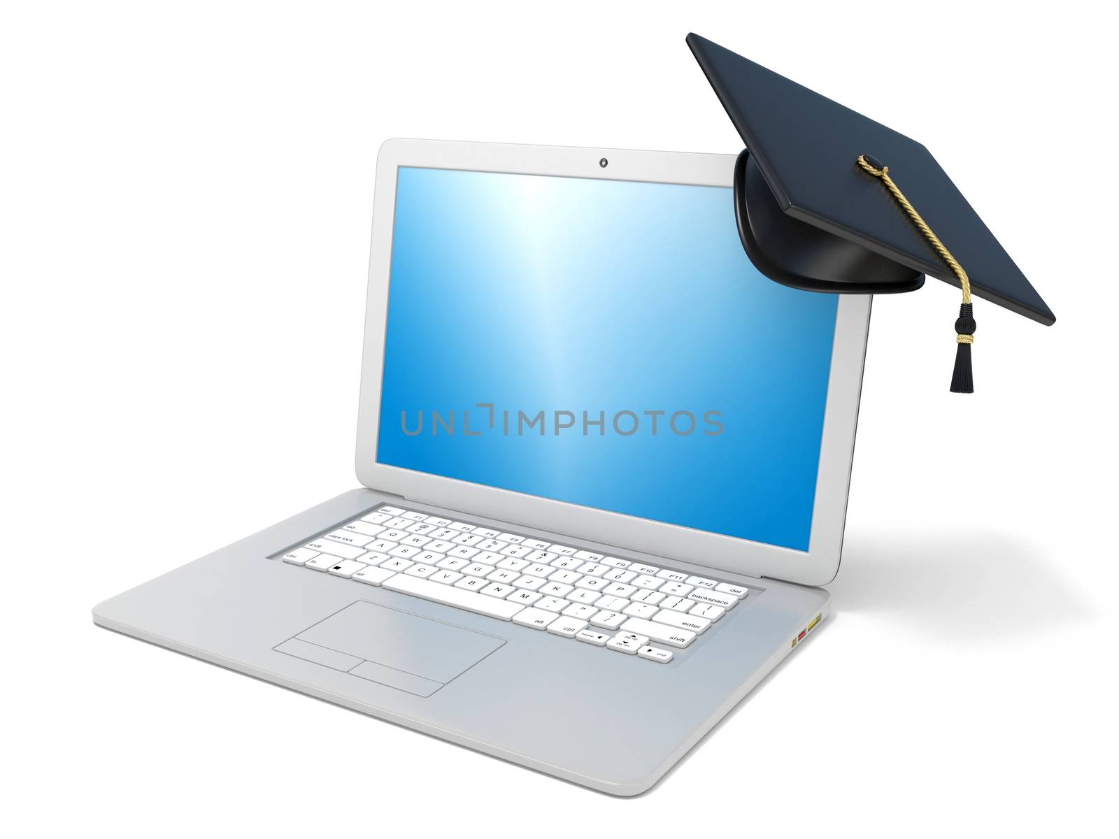 Graduation cap on laptop. E-learning concept. 3D render illustration isolated on white background