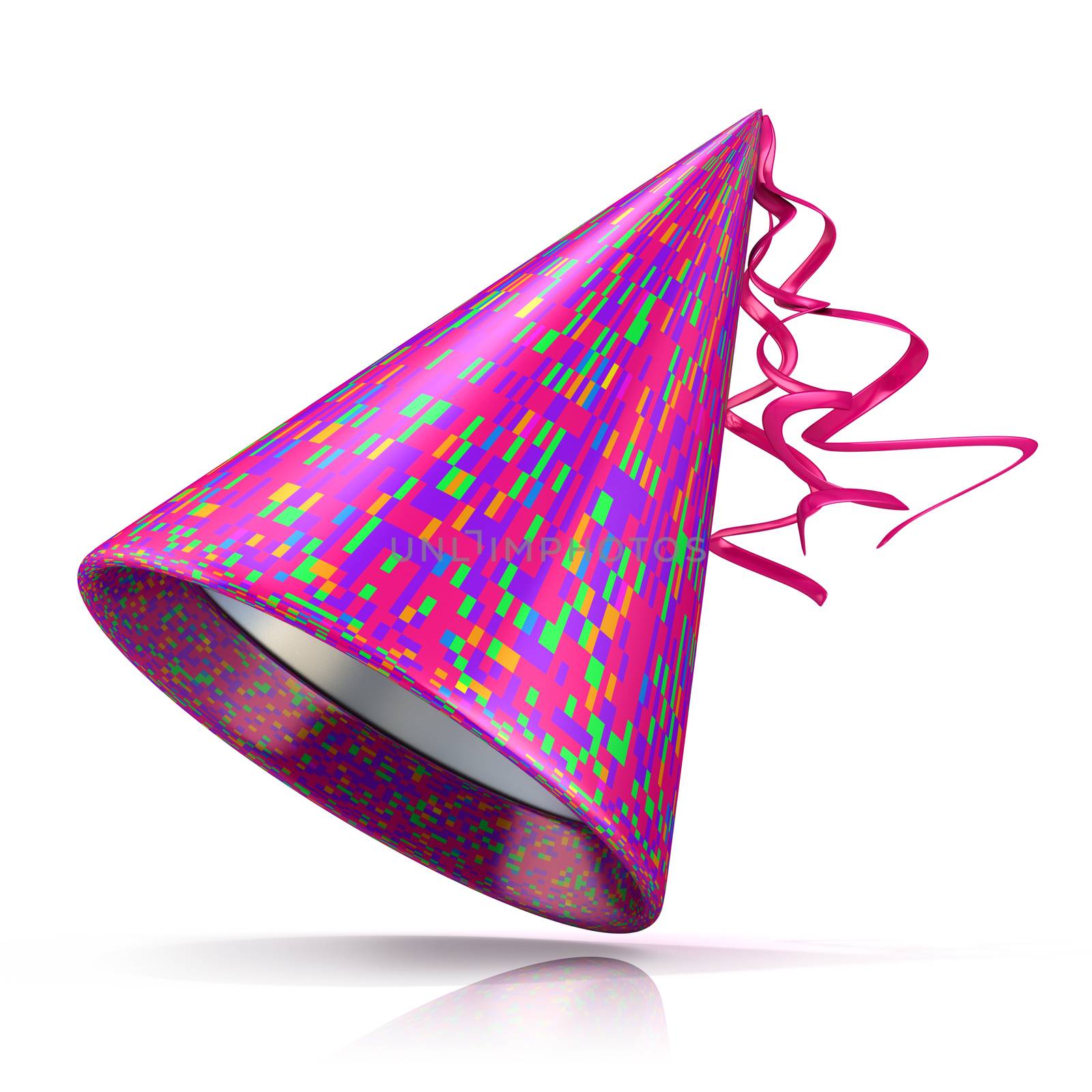 Party hat. 3D illustration of purple hat with colorful rectangular pattern.