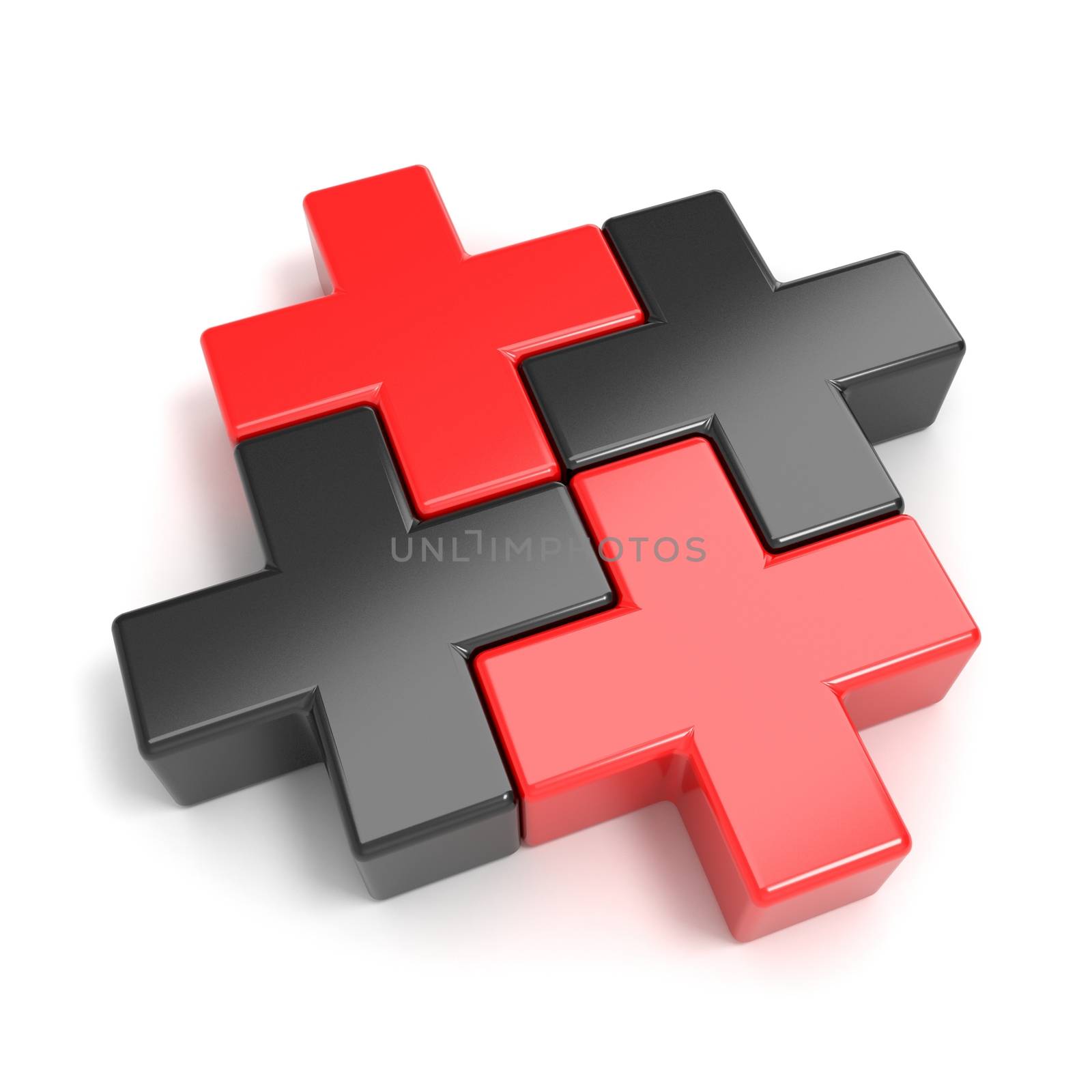 Black and red abstract plus jigsaw puzzle pieces. 3D render illustration isolated on white background