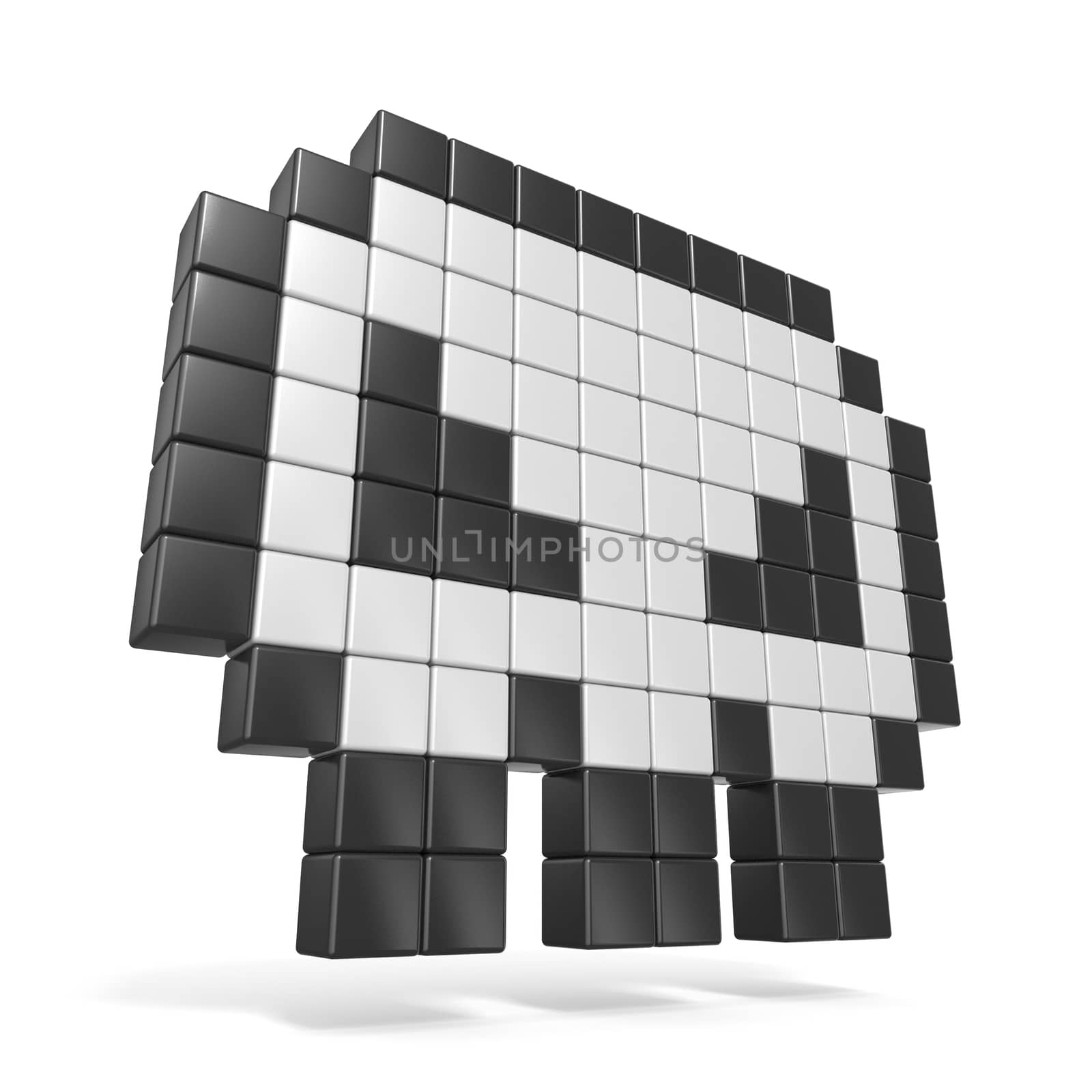 Pixelated 8bit skull icon. Side view. 3D render illustration isolated on white background