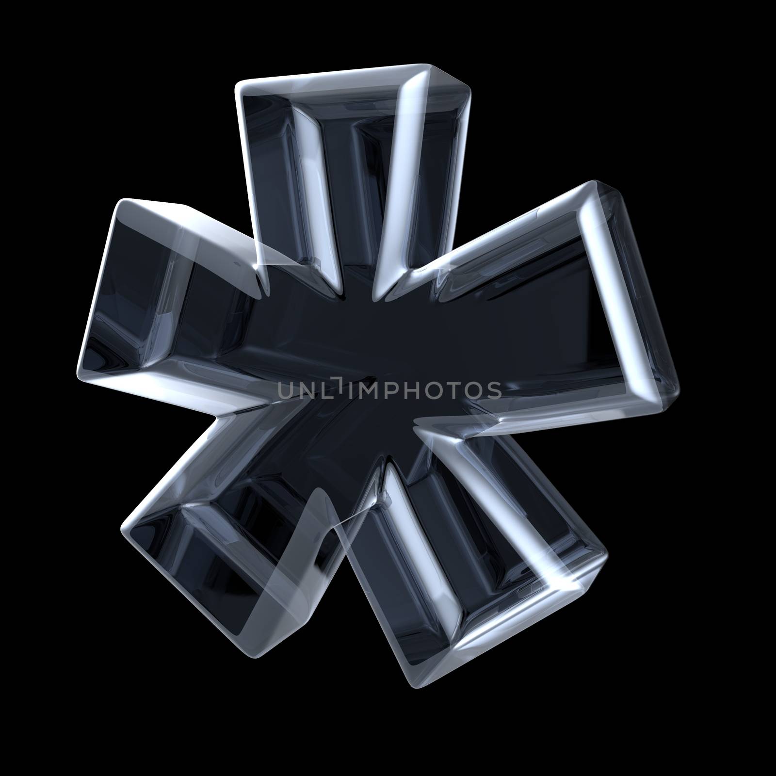 Transparent x-ray asterisk symbol. 3D render illustration on black background