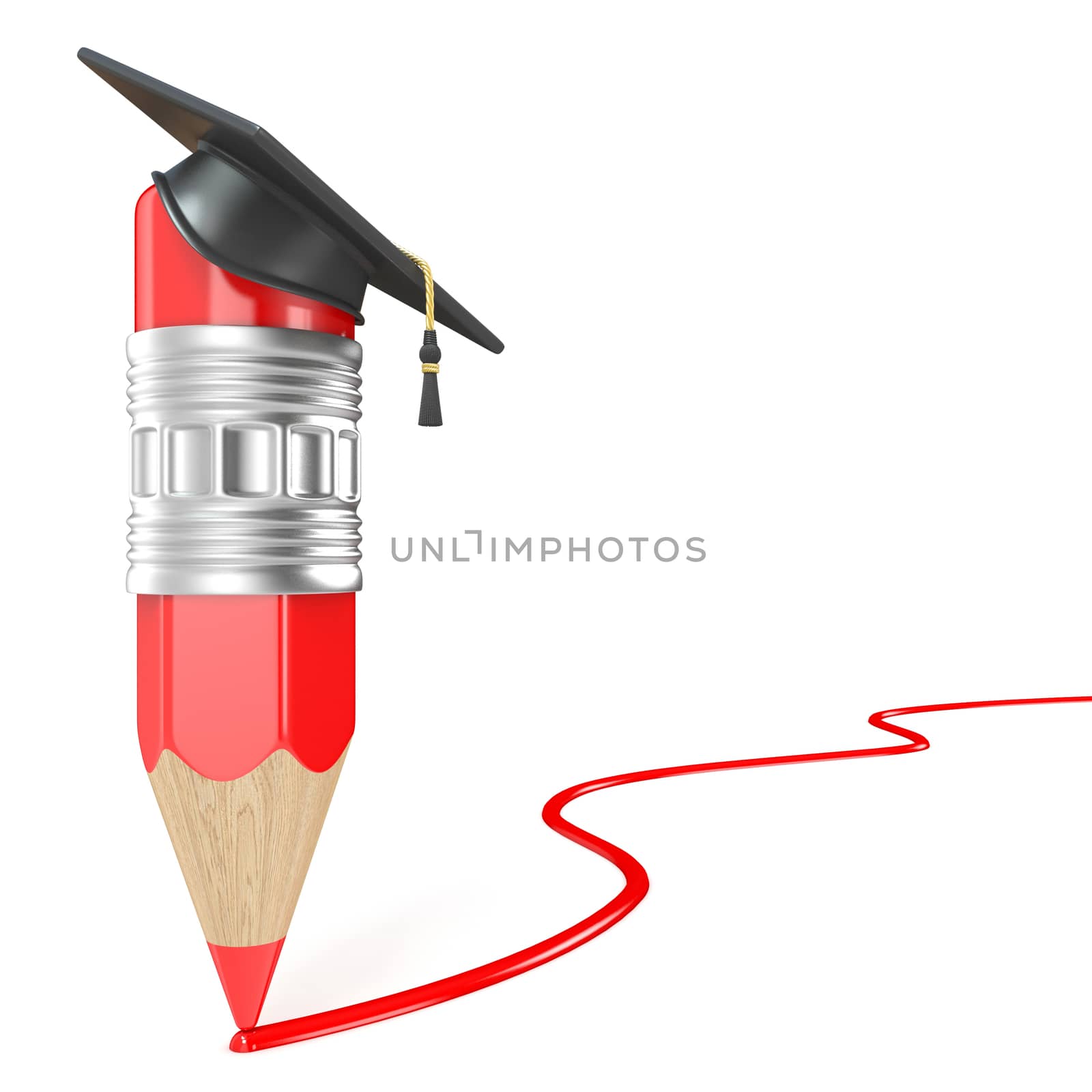 Red pencil with a graduation cap drawing red line. Education concept. 3D render illustration isolated on white background