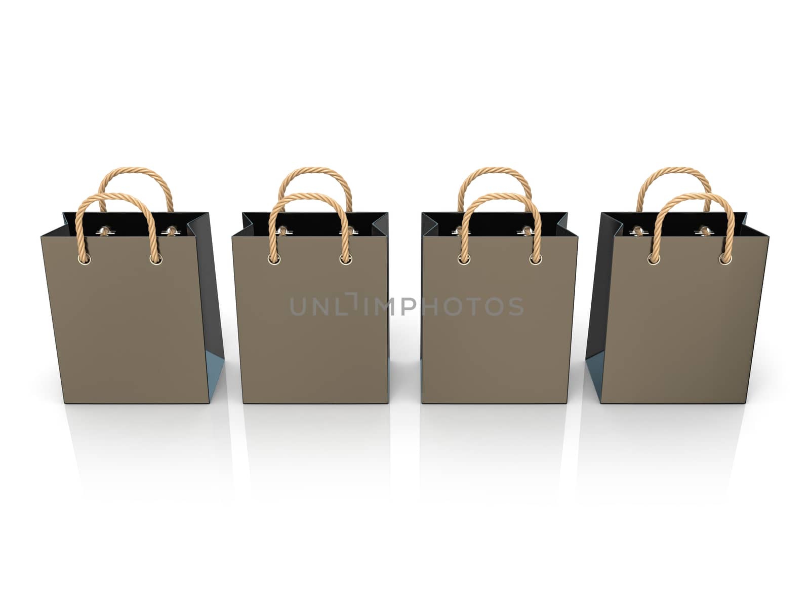 Four, empty, black, blank shopping bags. 3D render illustration isolated on white background