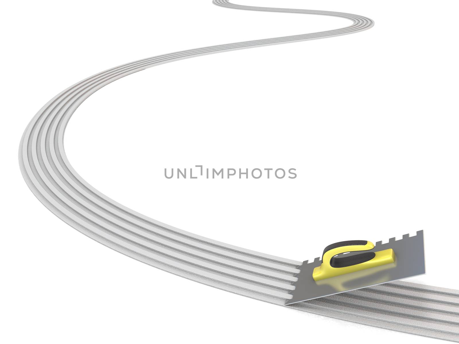 Finishing trowel spreading mortar line. 3D render isolated on white background